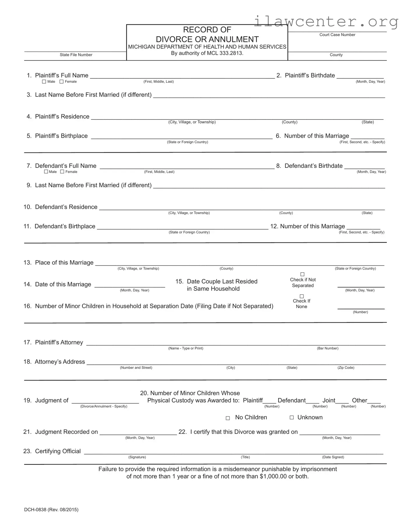 Michigan Dch 0838 PDF Template