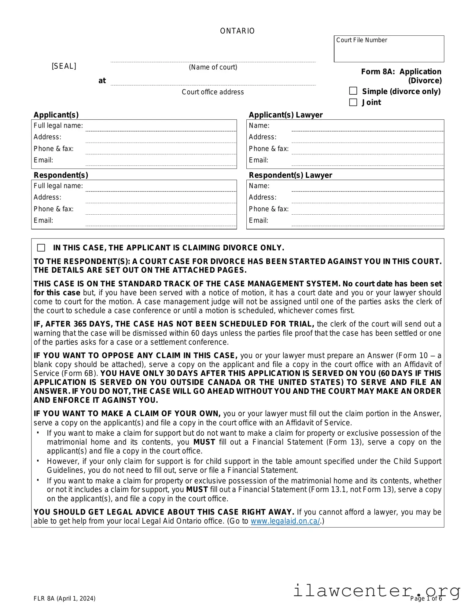 Ontario Divorce 8A PDF Template