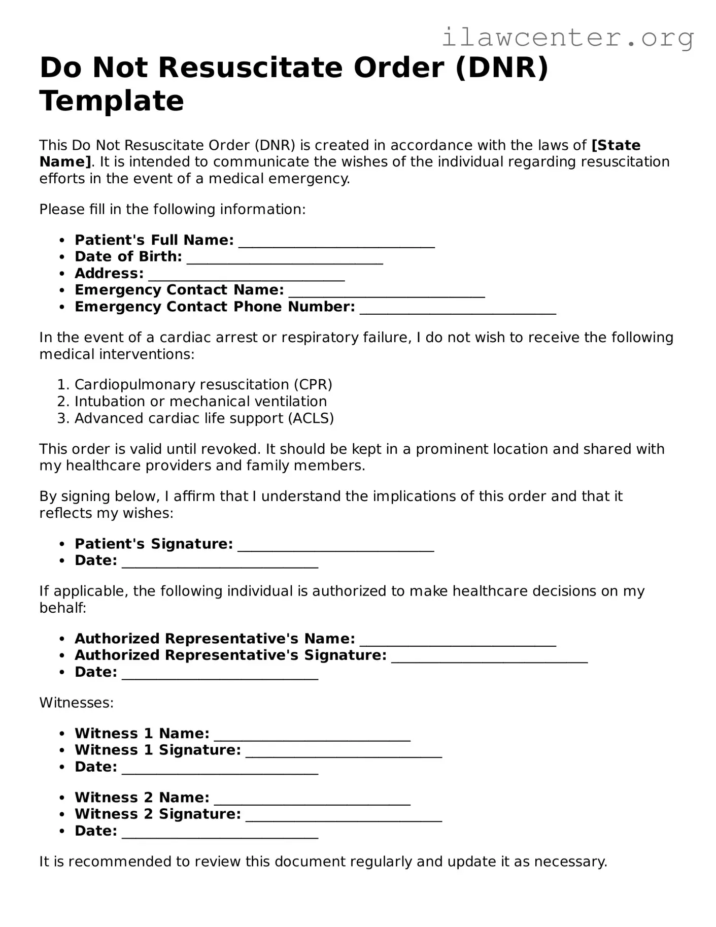 Fillable Do Not Resuscitate Order Document