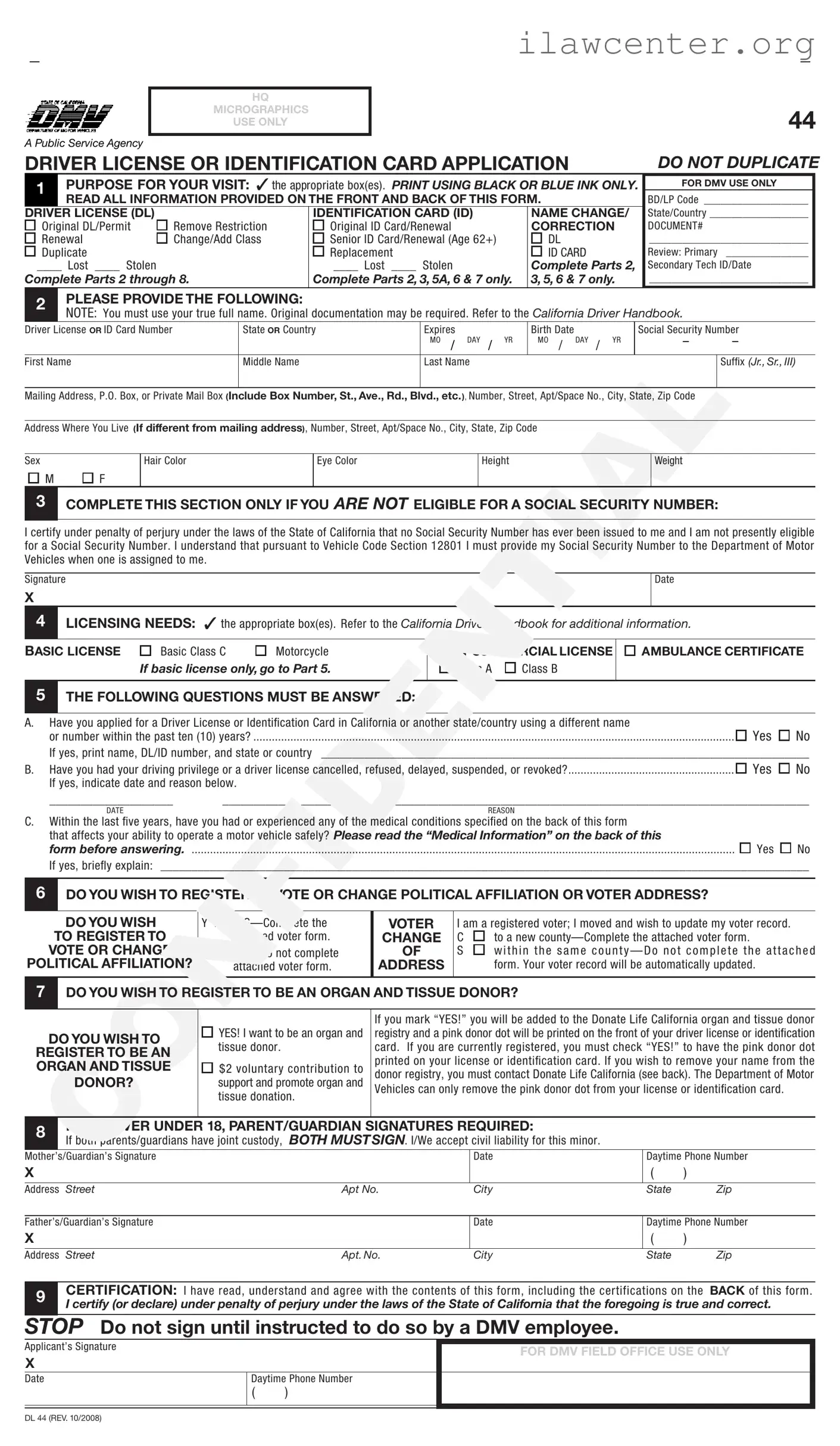 Ca Dmv Dl 44 PDF Template