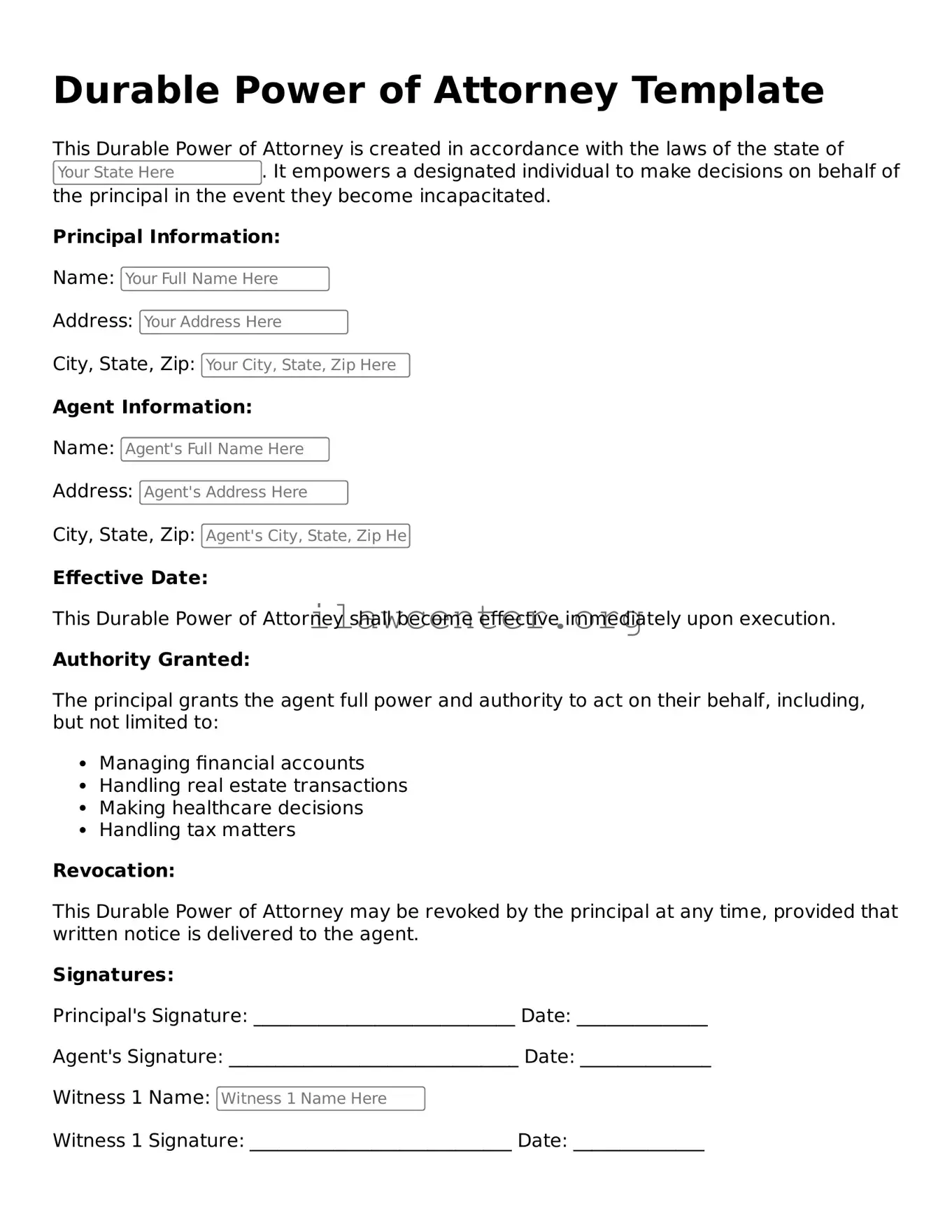 Fillable Durable Power of Attorney Document