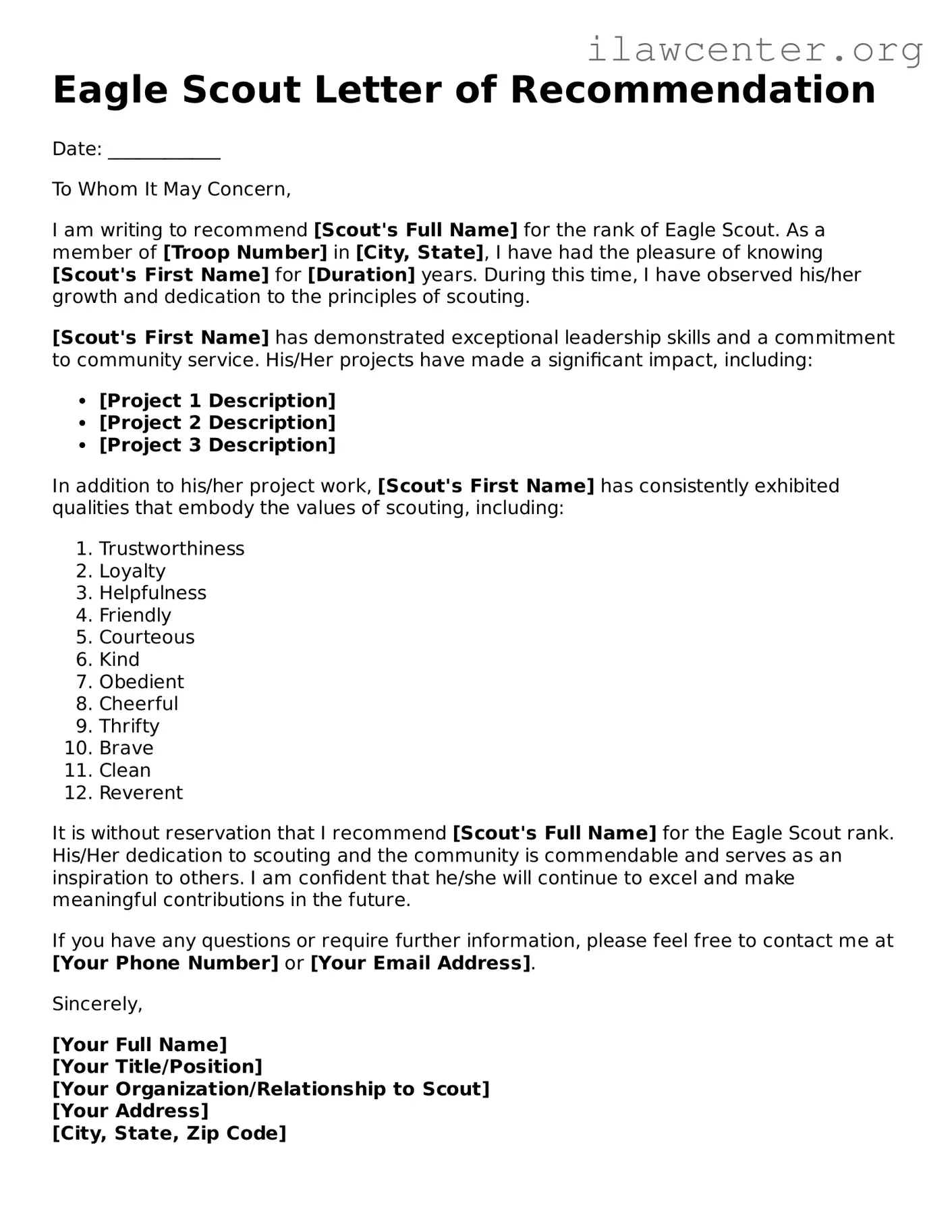 Fillable Eagle Scout Letter of Recommendation Document