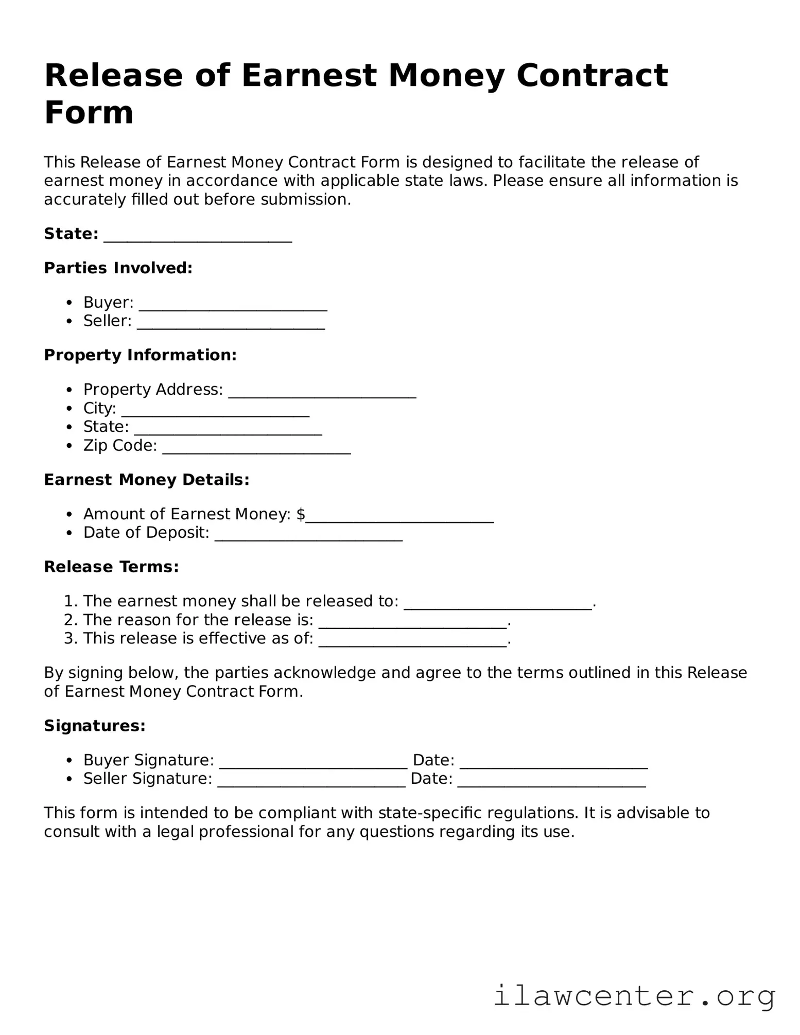 Fillable Release of Earnest Money Contract Form Document