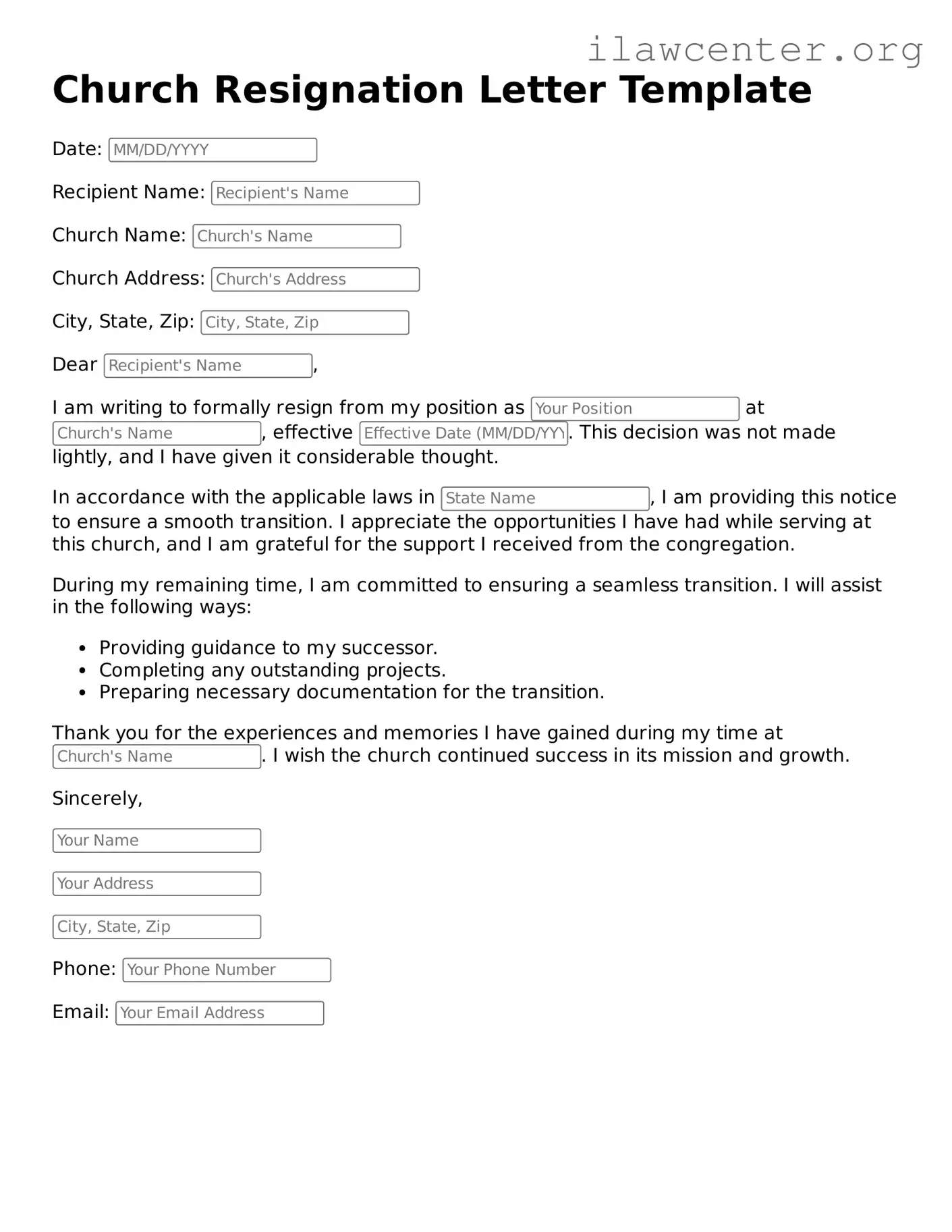 Fillable Church Resignation Letter Document