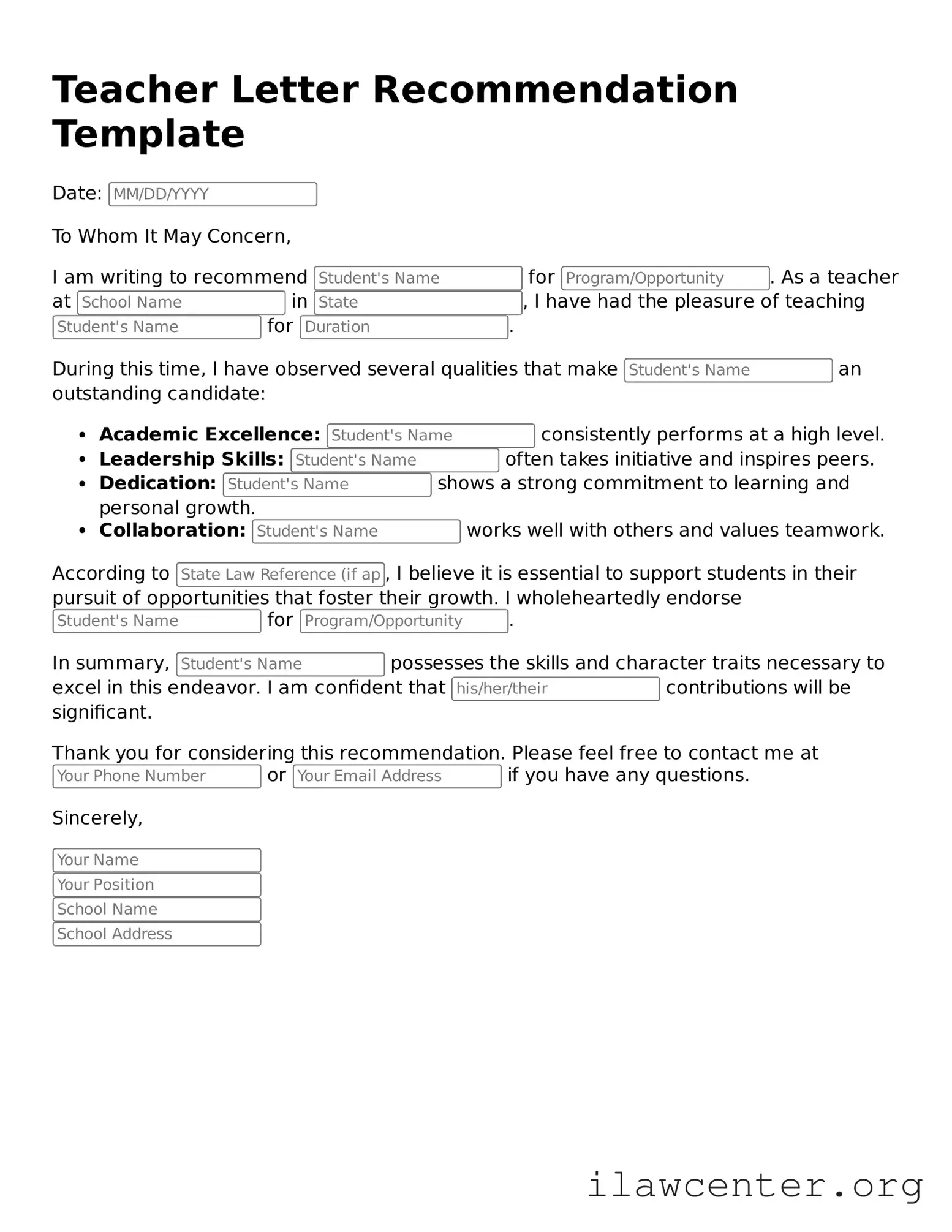 Fillable Teacher Letter Recommendation Document