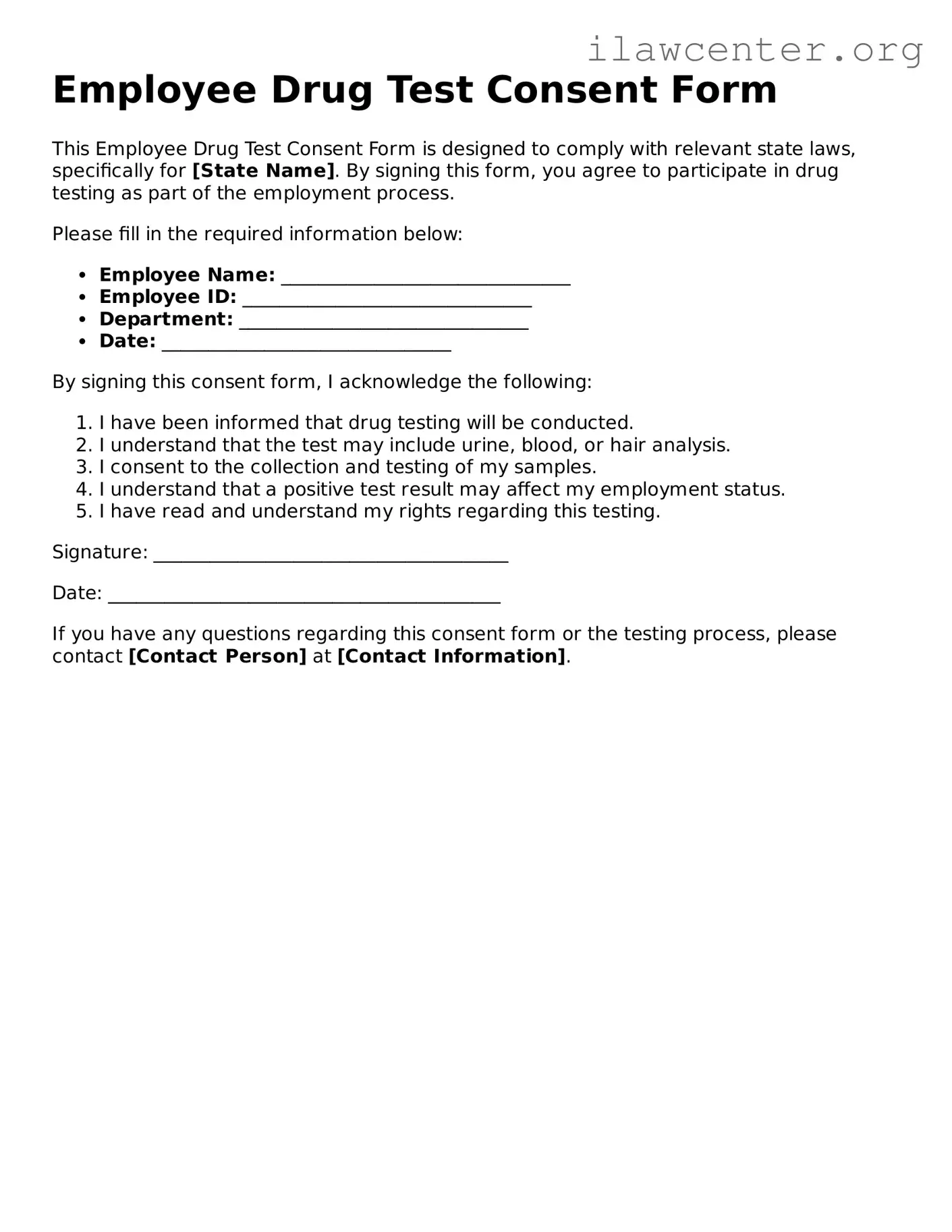 Fillable Employee Drug Test Consent Document