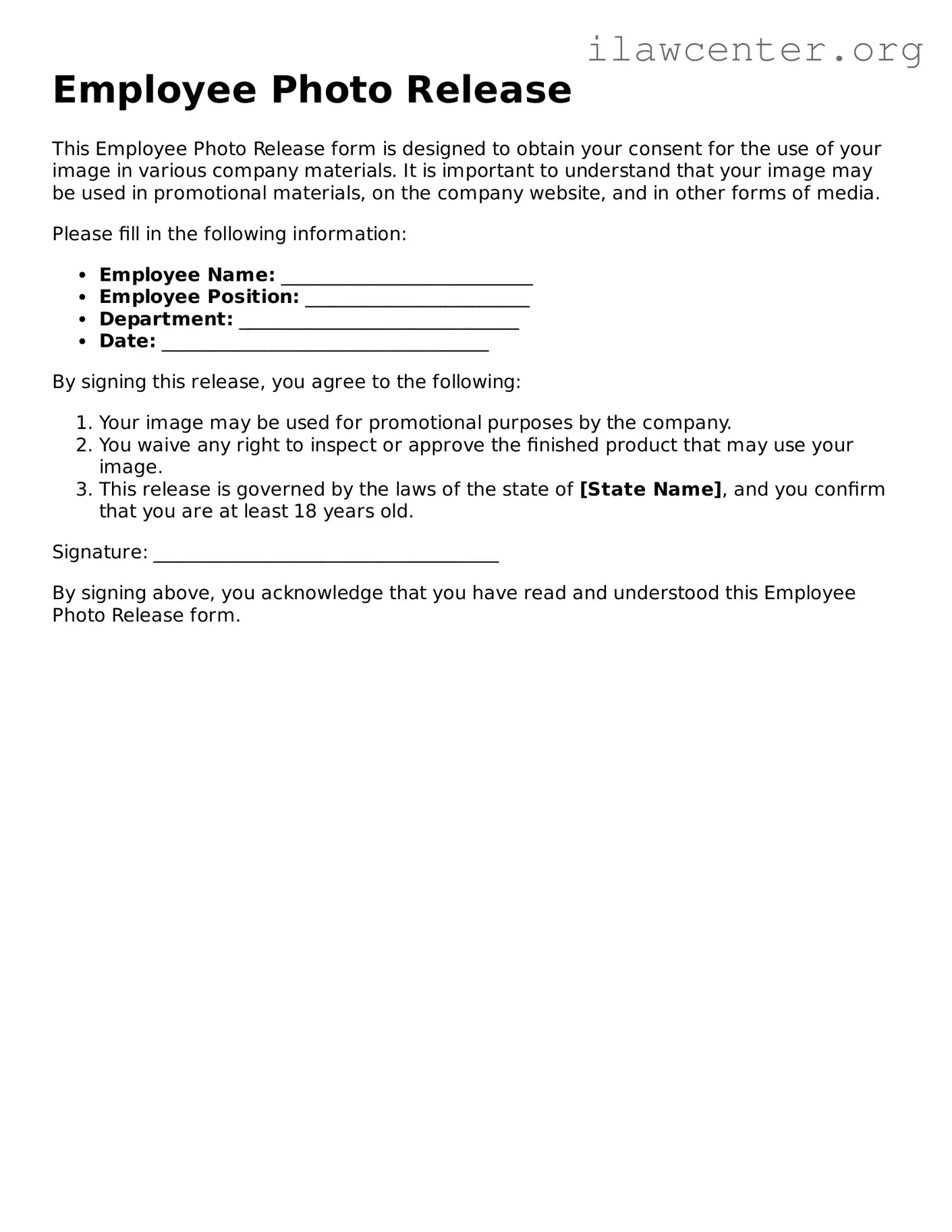 Fillable Employee Photo Release Document
