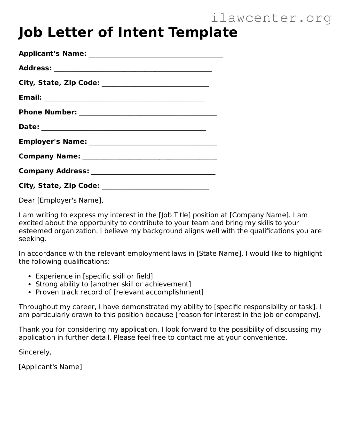 Fillable Job Letter of Intent Document