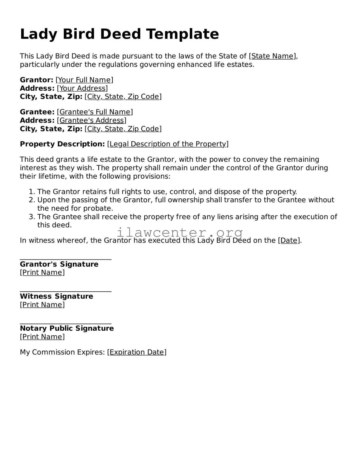 Fillable Lady Bird Deed Document