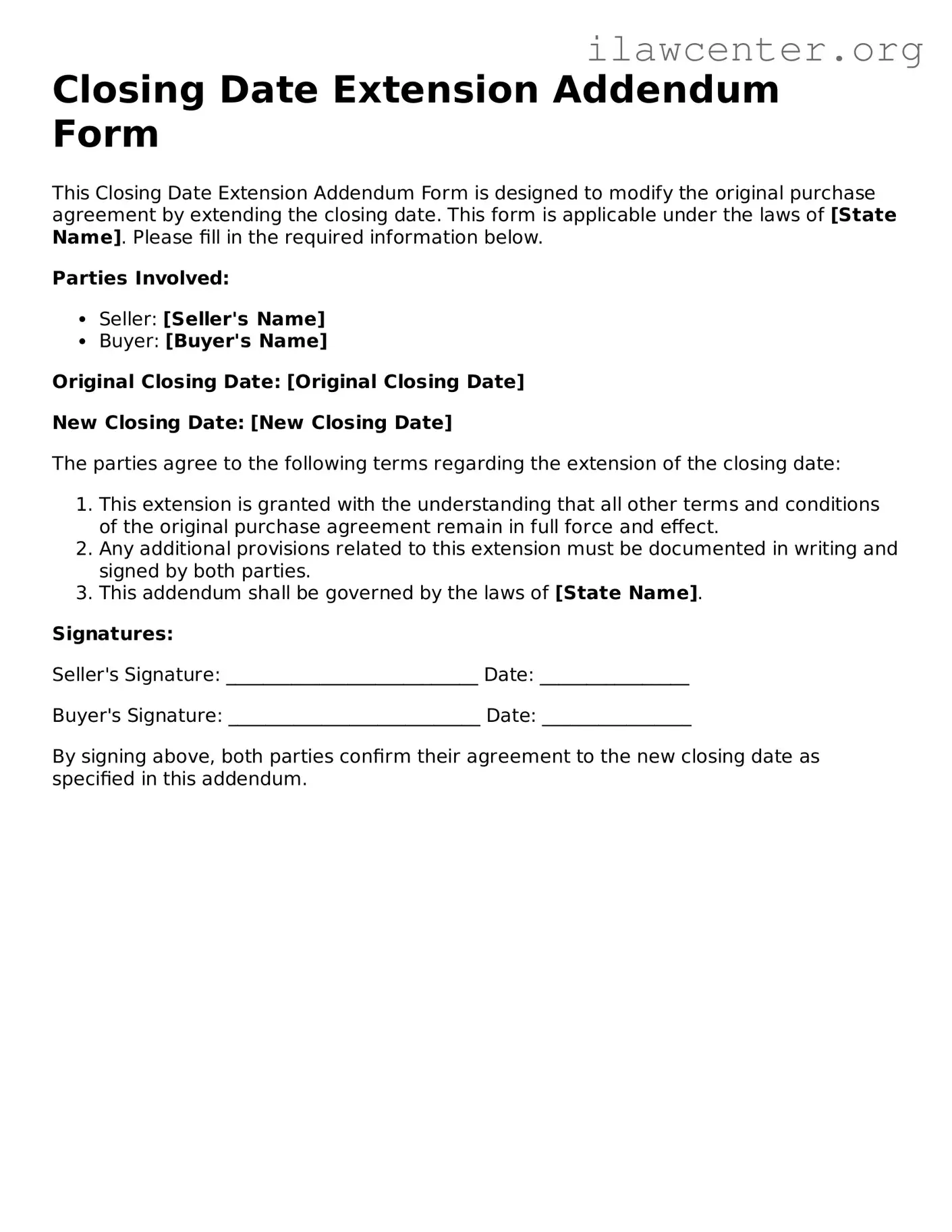 Fillable Closing Date Extension Addendum Form Document