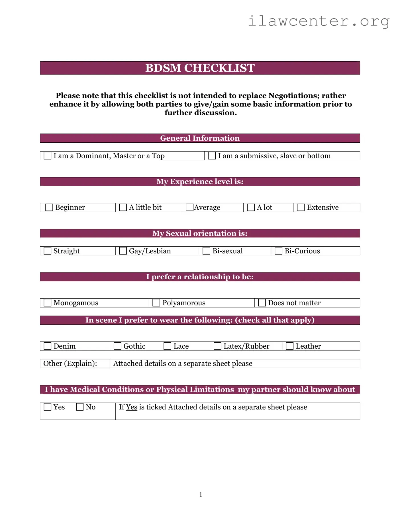 Bdsm Checklist PDF Template