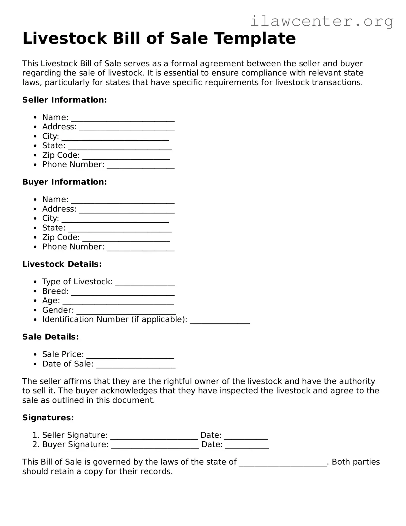 Fillable Livestock Bill of Sale Document