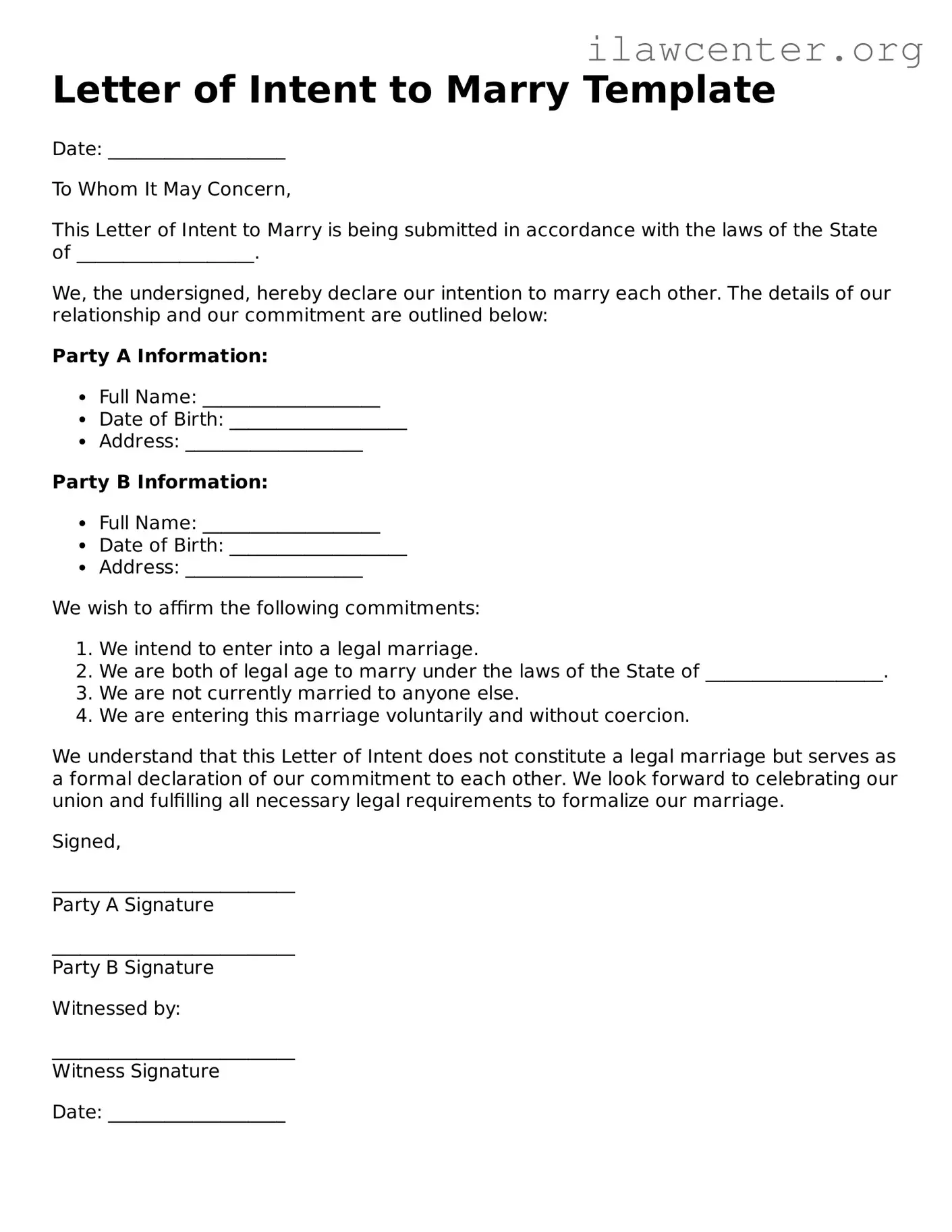 Fillable Letter of Intent to Marry Document