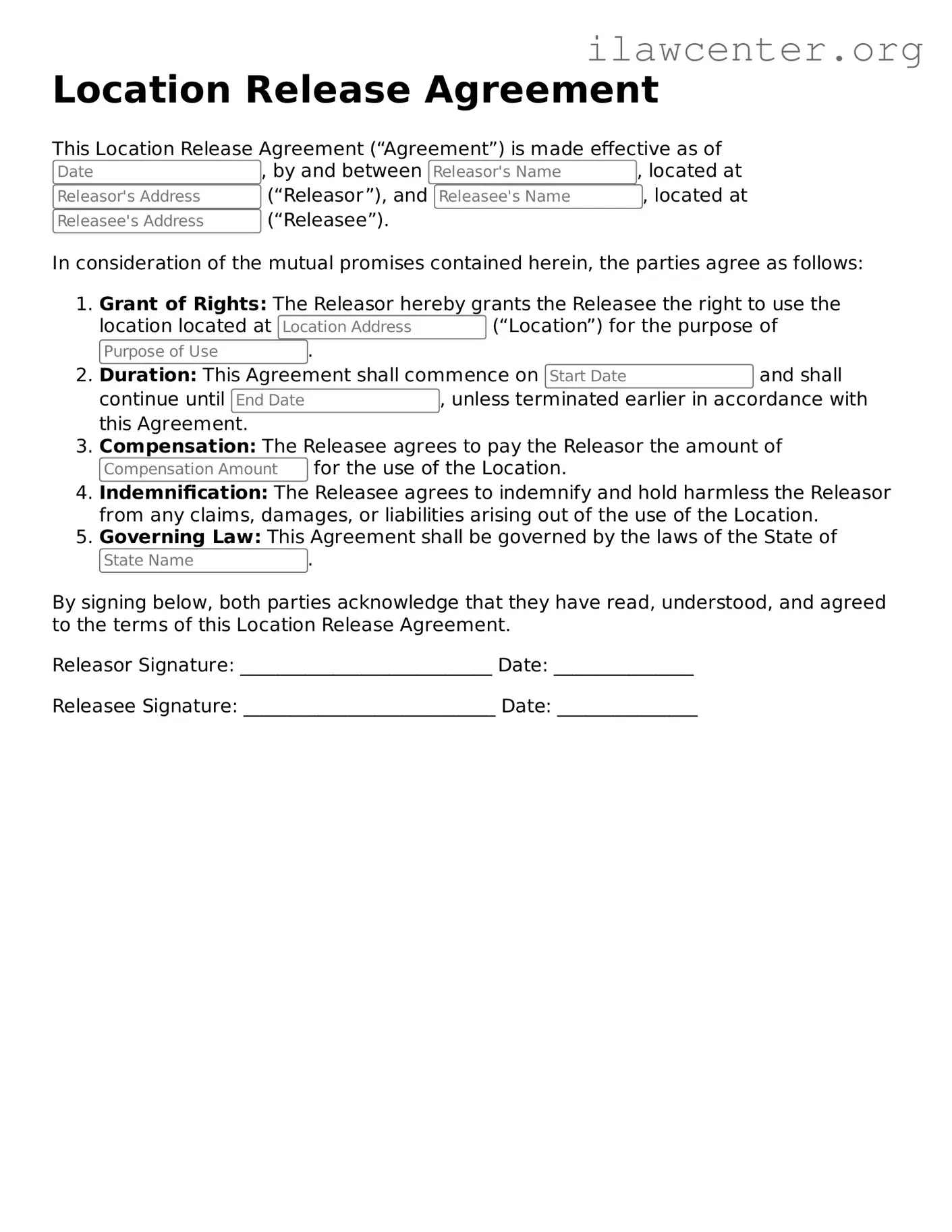 Fillable Location Release Document