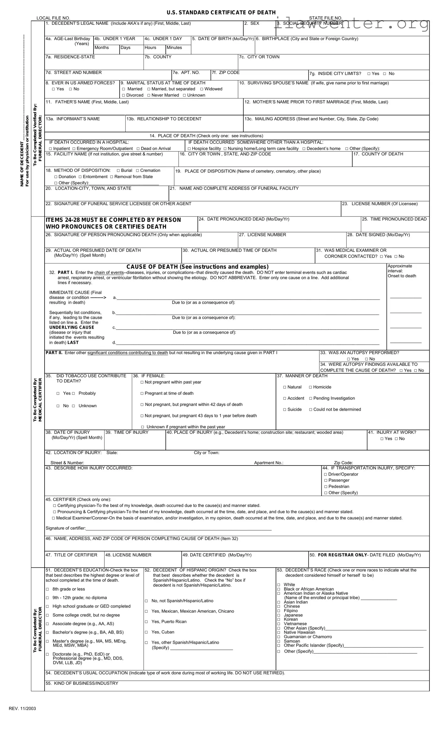 CDC U.S. Standard Certificate of Death PDF Template