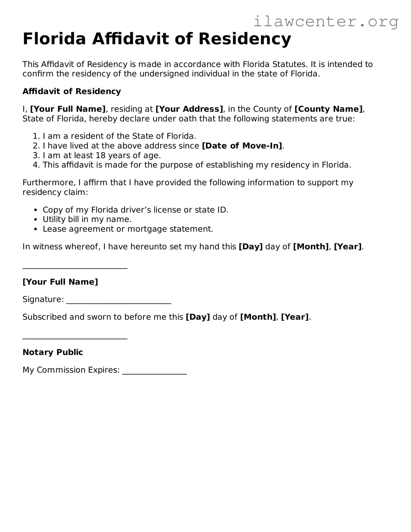 Attorney-Verified  Affidavit of Residency Document for Florida