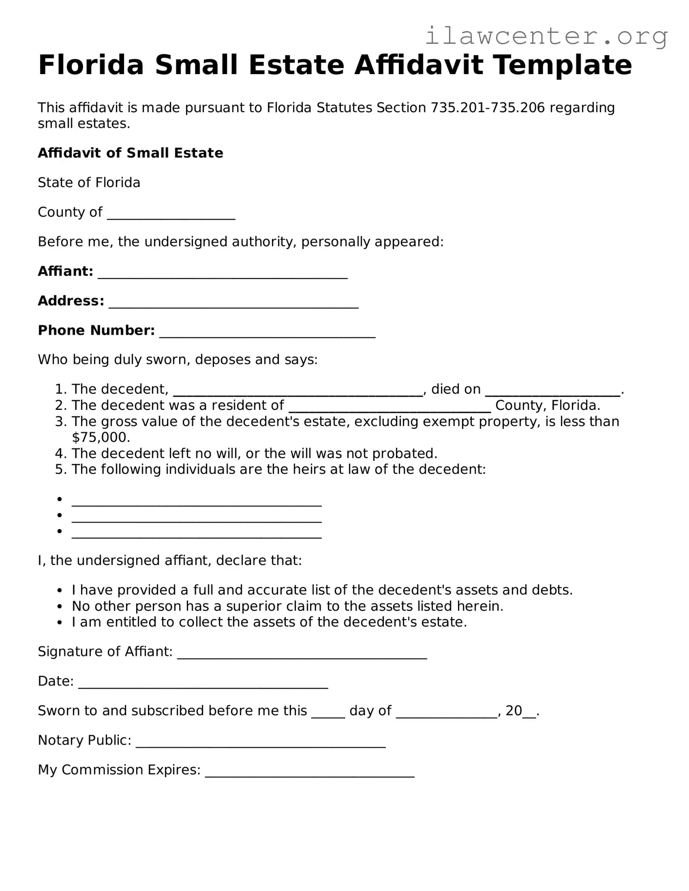 Attorney-Verified  Small Estate Affidavit Document for Florida
