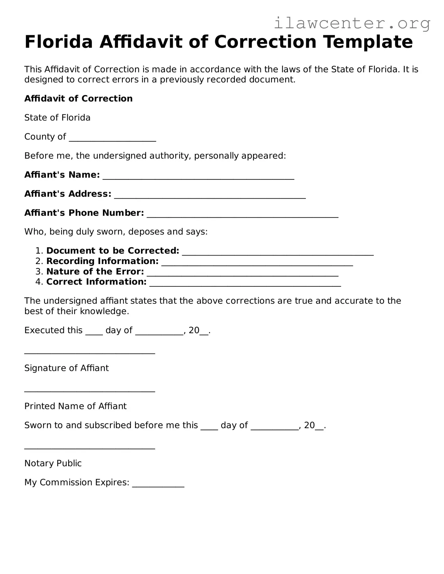 Attorney-Verified  Affidavit of Correction Document for Florida