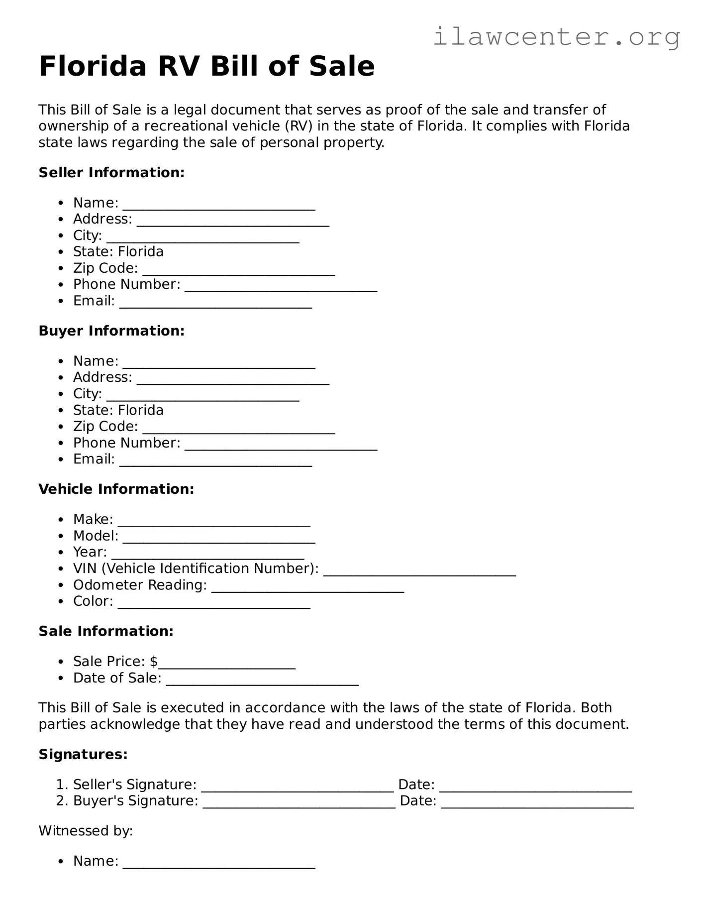 Attorney-Verified  RV Bill of Sale Document for Florida