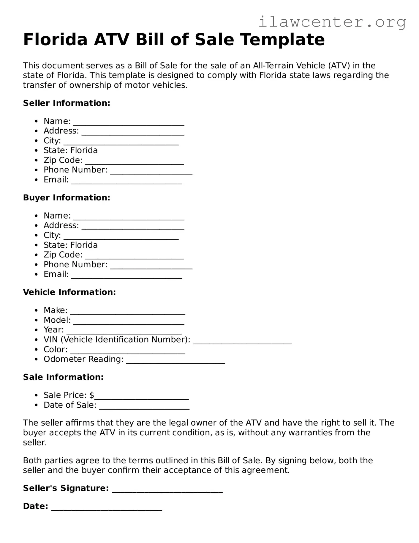 Attorney-Verified  ATV Bill of Sale Document for Florida