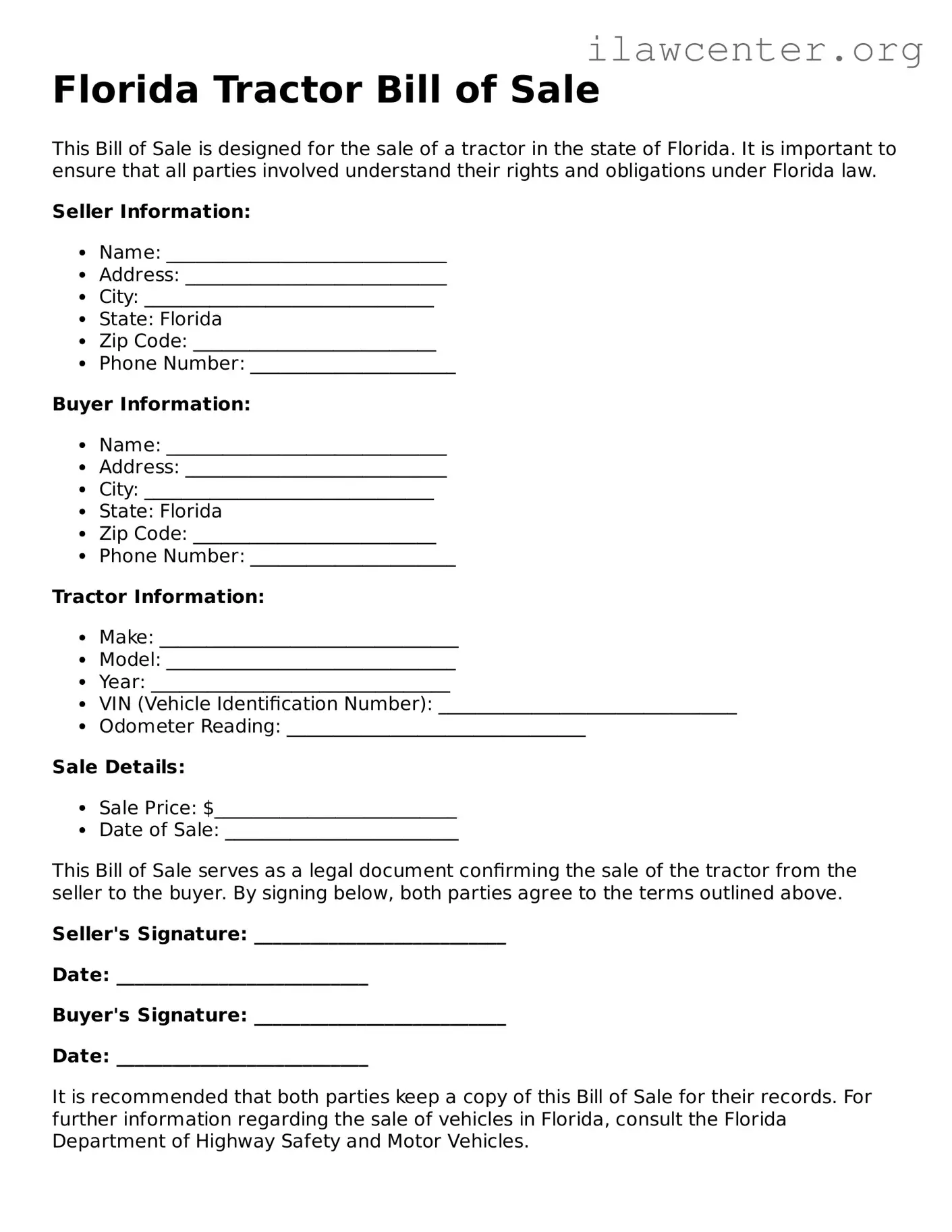Attorney-Verified  Tractor Bill of Sale Document for Florida