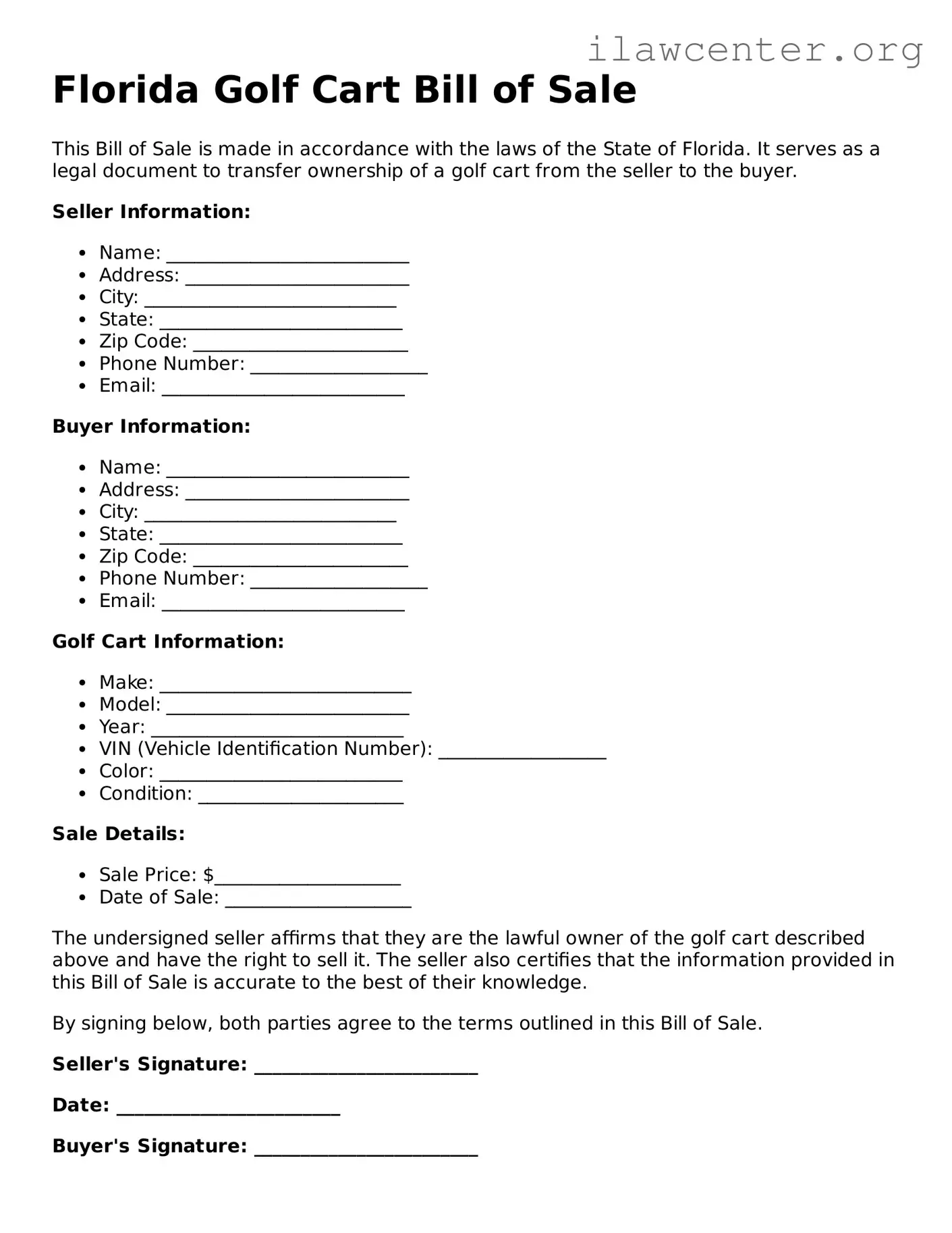 Attorney-Verified  Golf Cart Bill of Sale Document for Florida