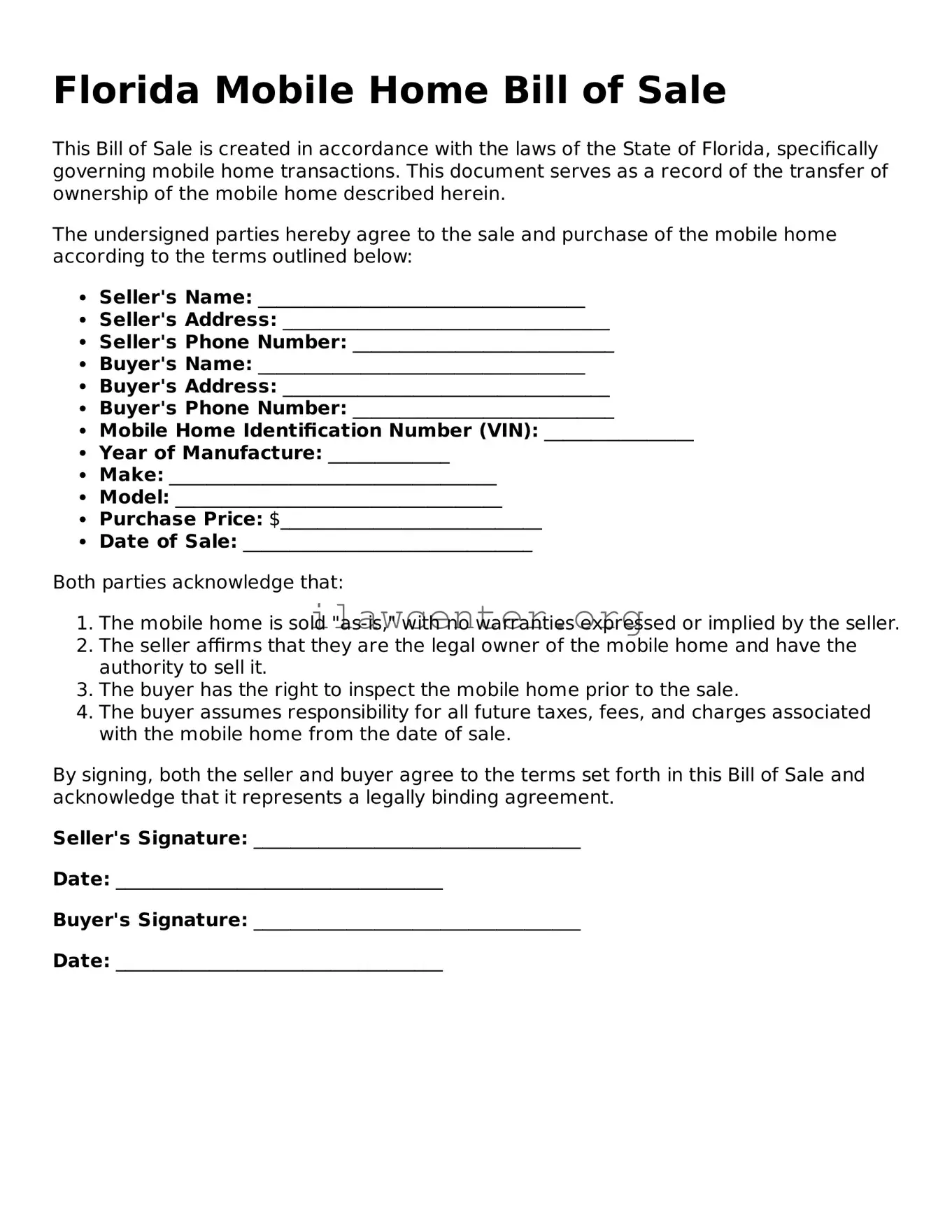 Attorney-Verified  Mobile Home Bill of Sale Document for Florida