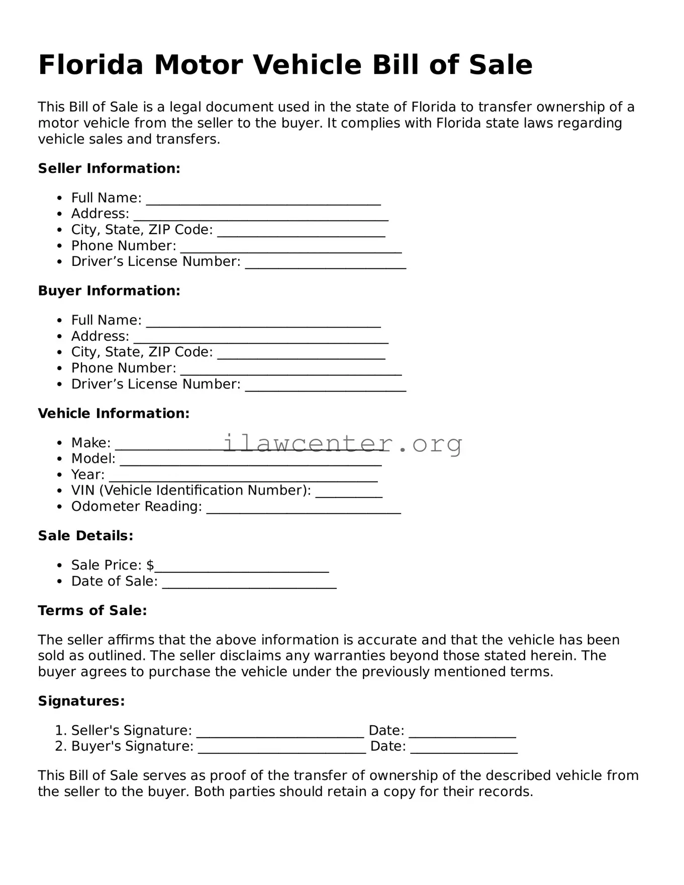 Attorney-Verified  Motor Vehicle Bill of Sale Document for Florida