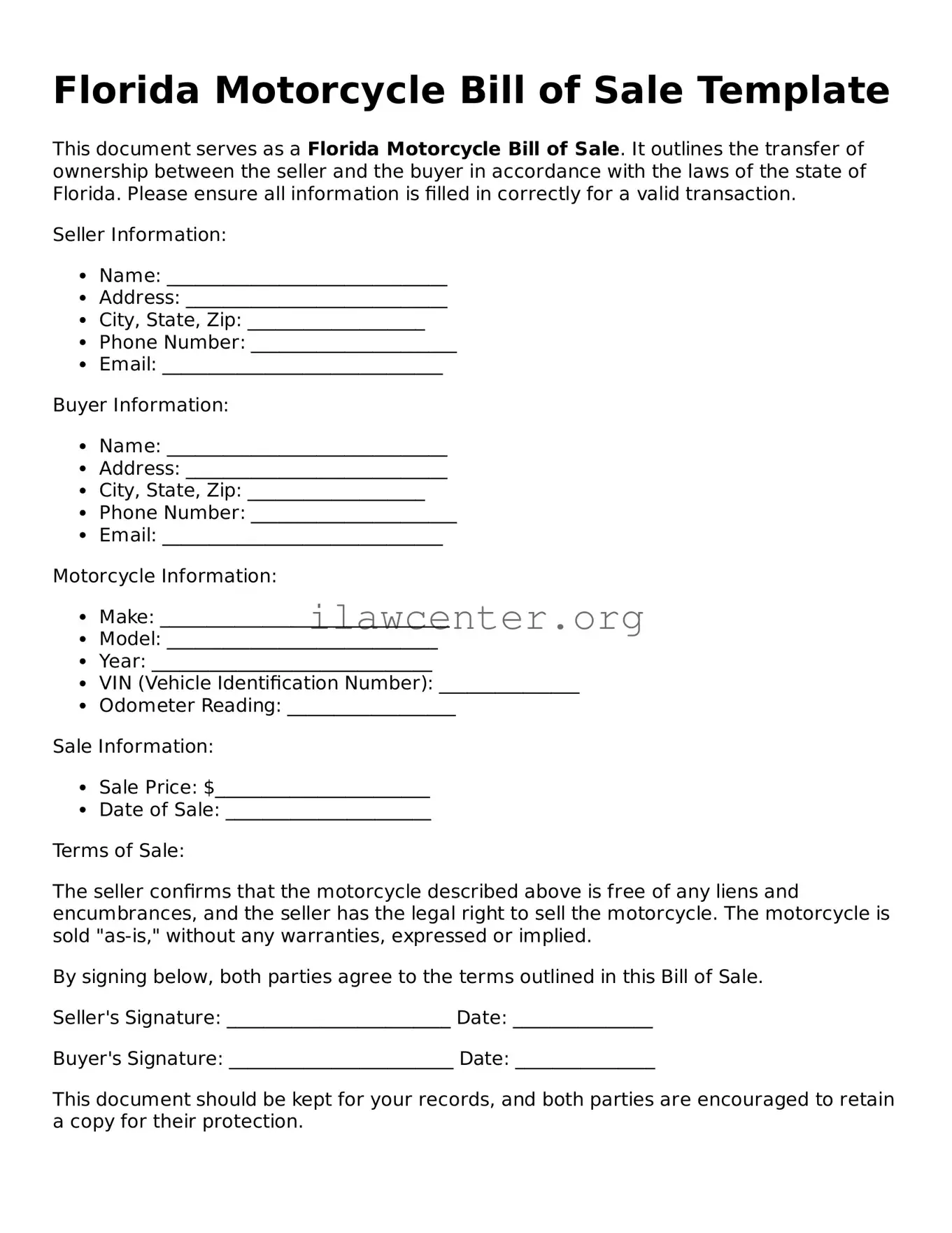 Attorney-Verified  Motorcycle Bill of Sale Document for Florida