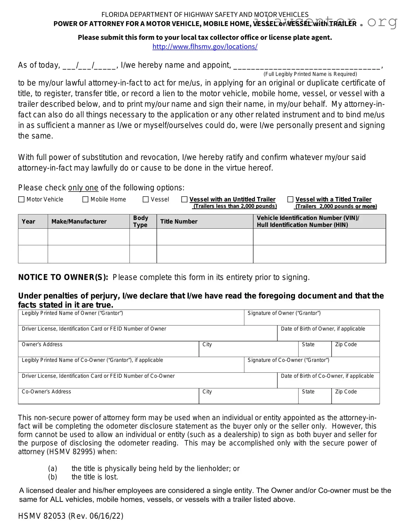 Florida Vehicle POA form 82053 PDF Template