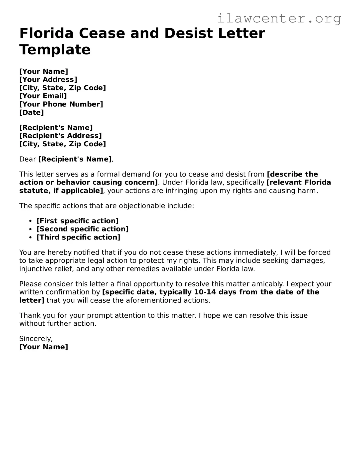 Attorney-Verified  Cease and Desist Letter Document for Florida