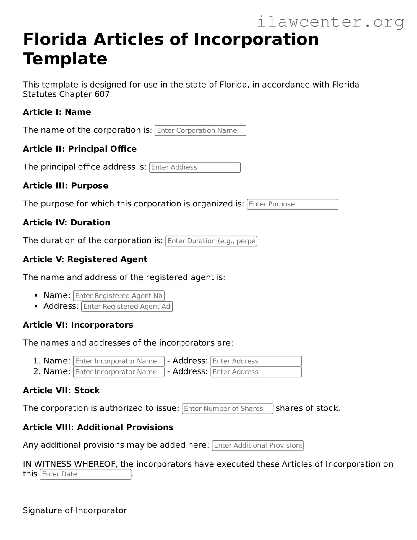 Attorney-Verified  Articles of Incorporation Document for Florida