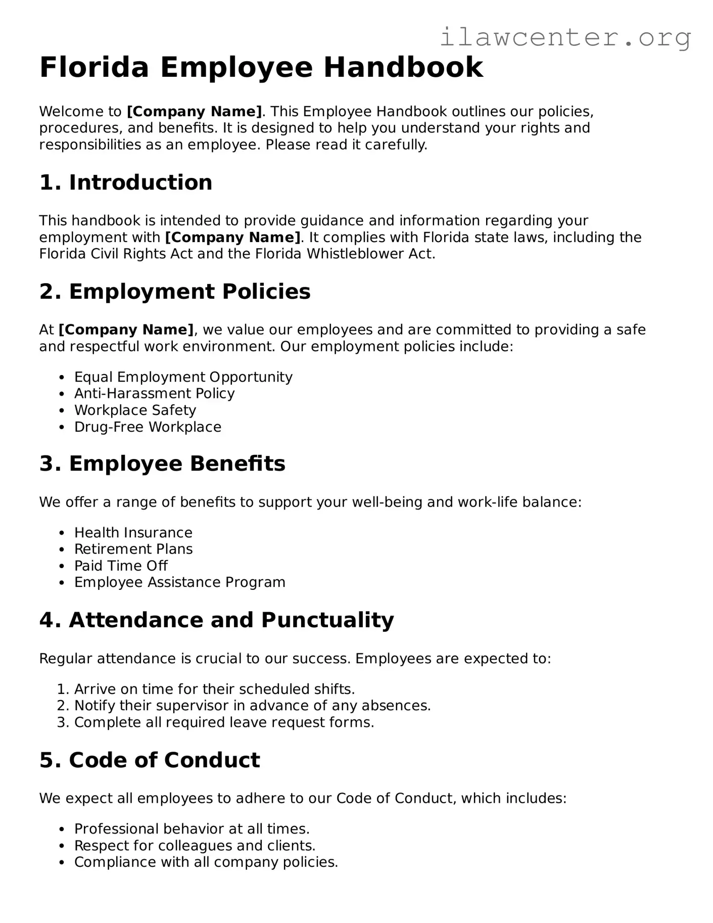 Attorney-Verified  Employee Handbook Document for Florida