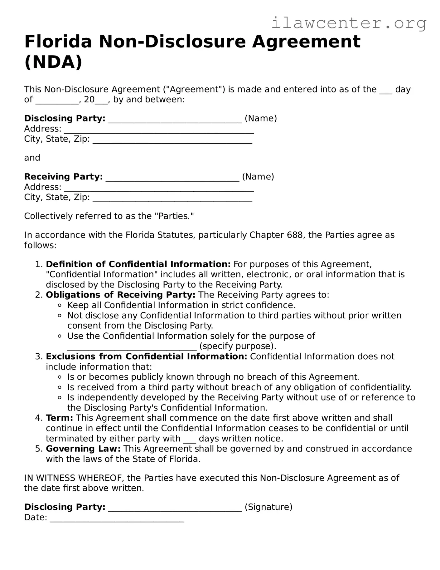 Attorney-Verified  Non-disclosure Agreement Document for Florida