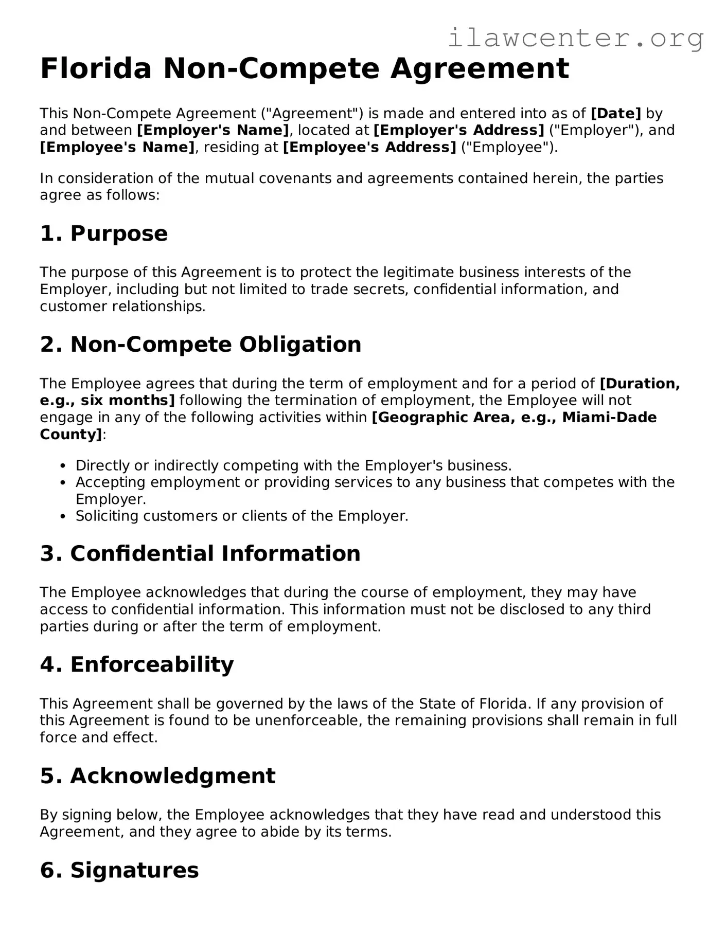 Attorney-Verified  Non-compete Agreement Document for Florida