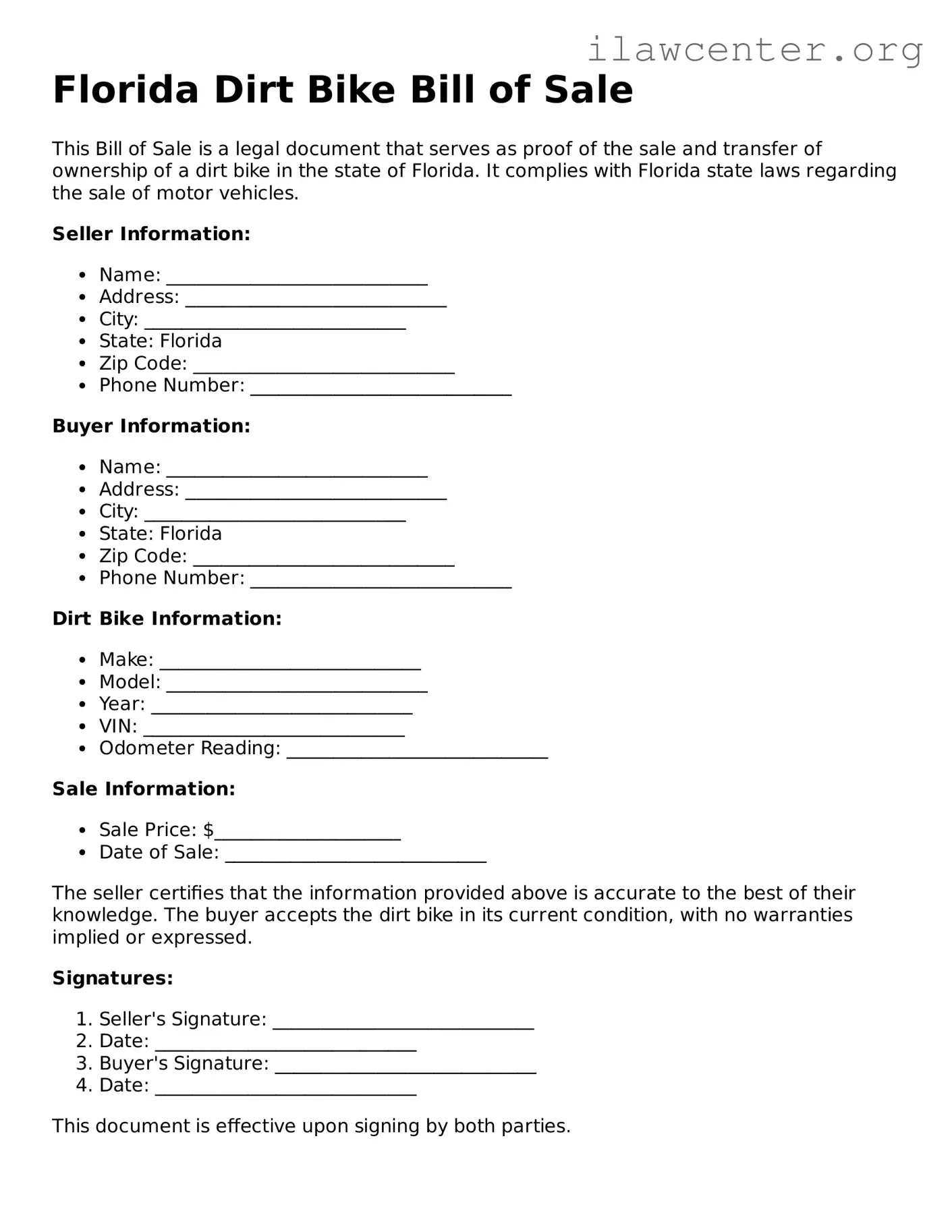 Attorney-Verified  Dirt Bike Bill of Sale Document for Florida