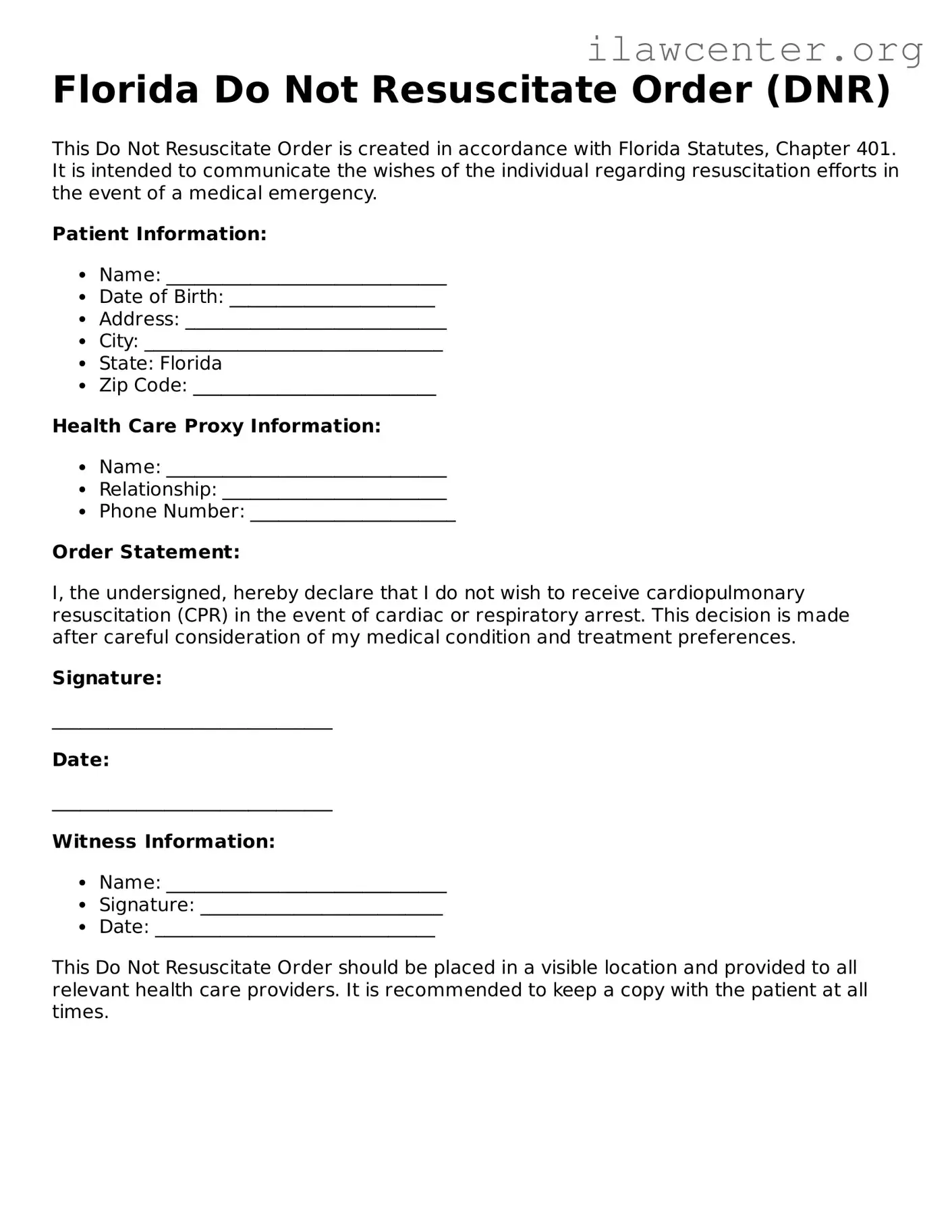 Attorney-Verified  Do Not Resuscitate Order Document for Florida