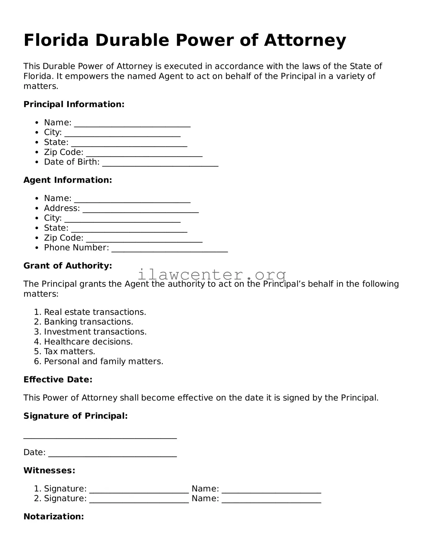 Attorney-Verified  Durable Power of Attorney Document for Florida
