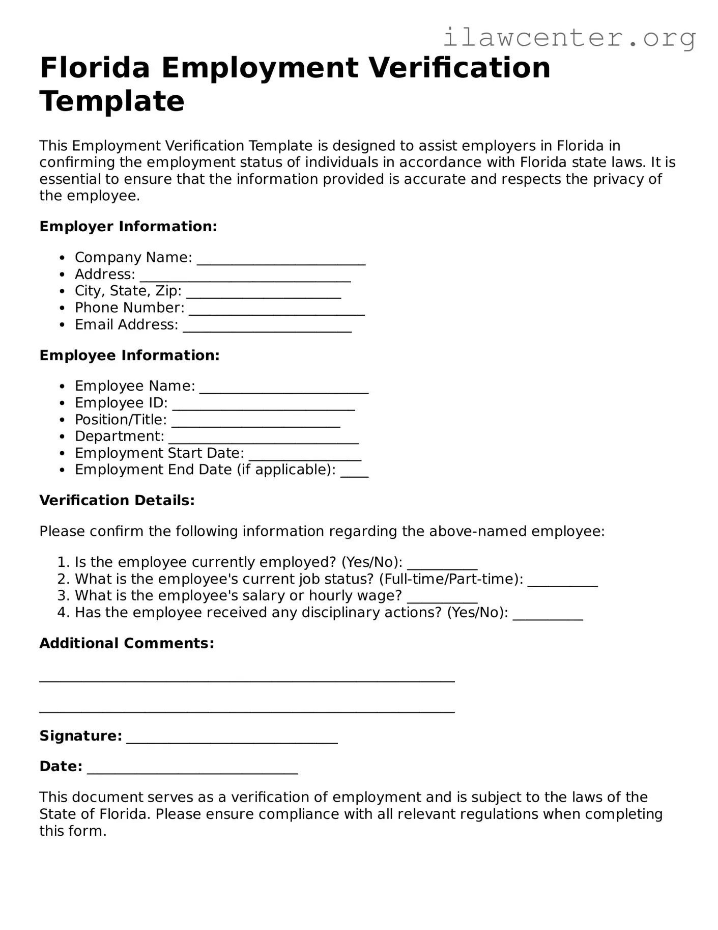 Attorney-Verified  Employment Verification Document for Florida