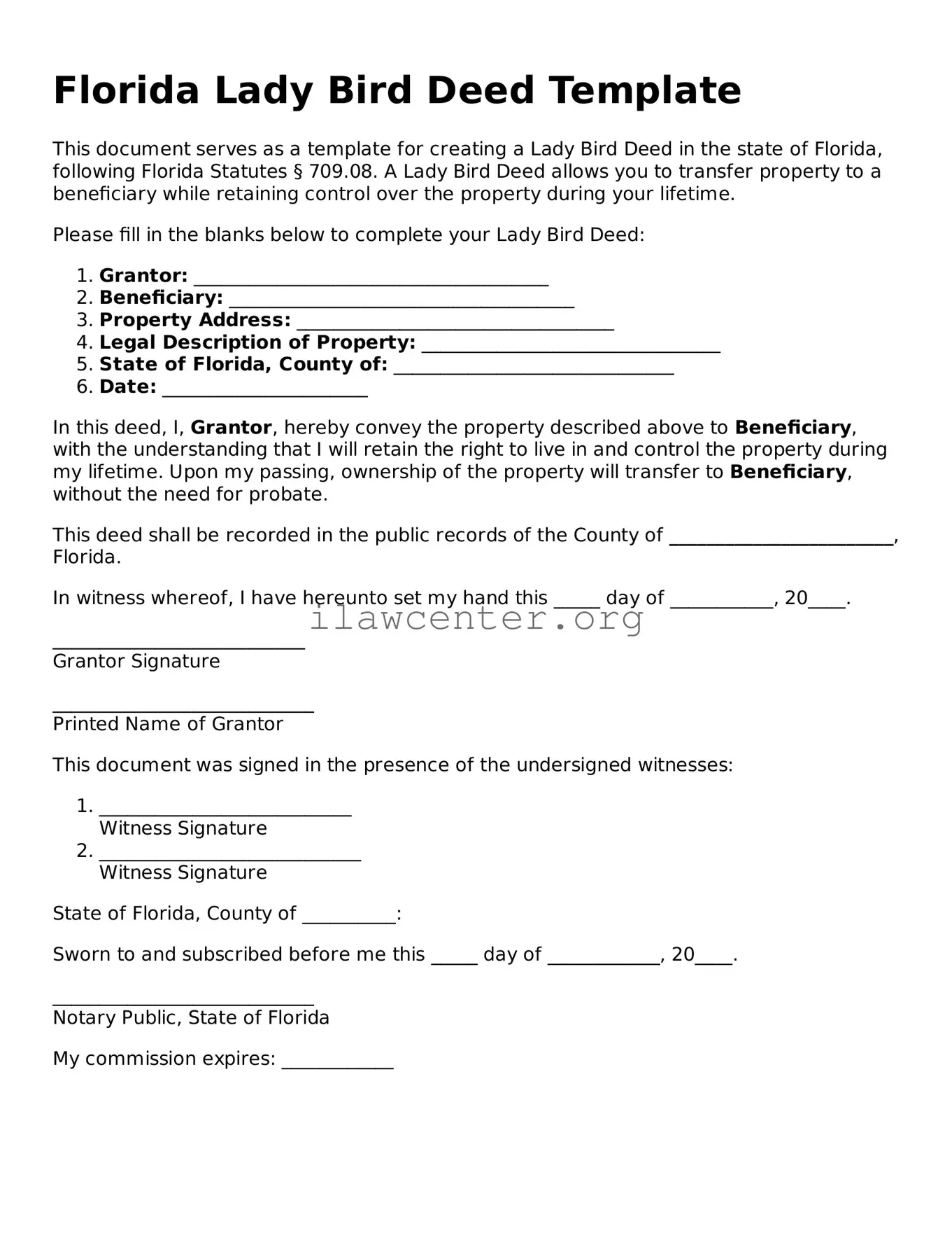 Attorney-Verified  Lady Bird Deed Document for Florida