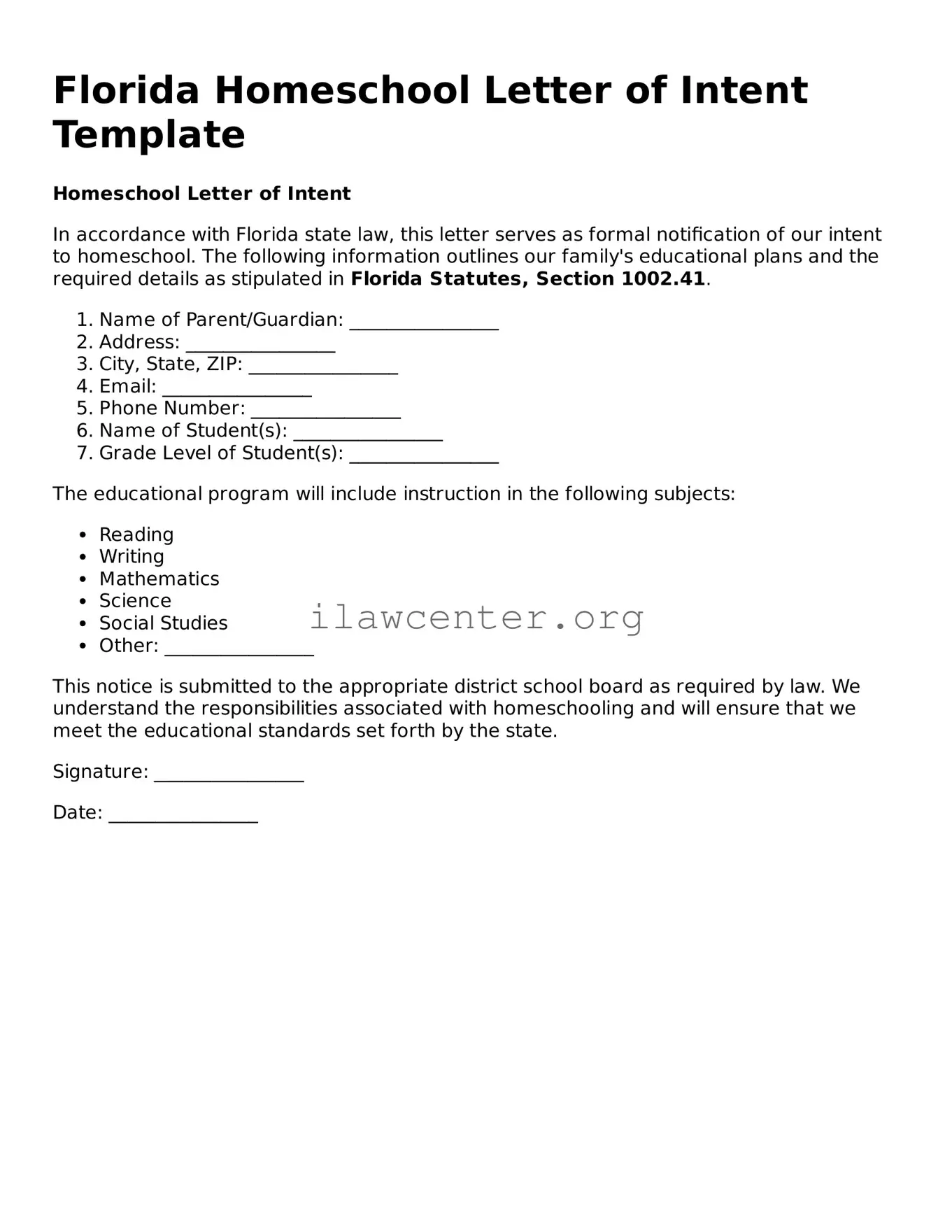 Attorney-Verified  Homeschool Letter of Intent Document for Florida