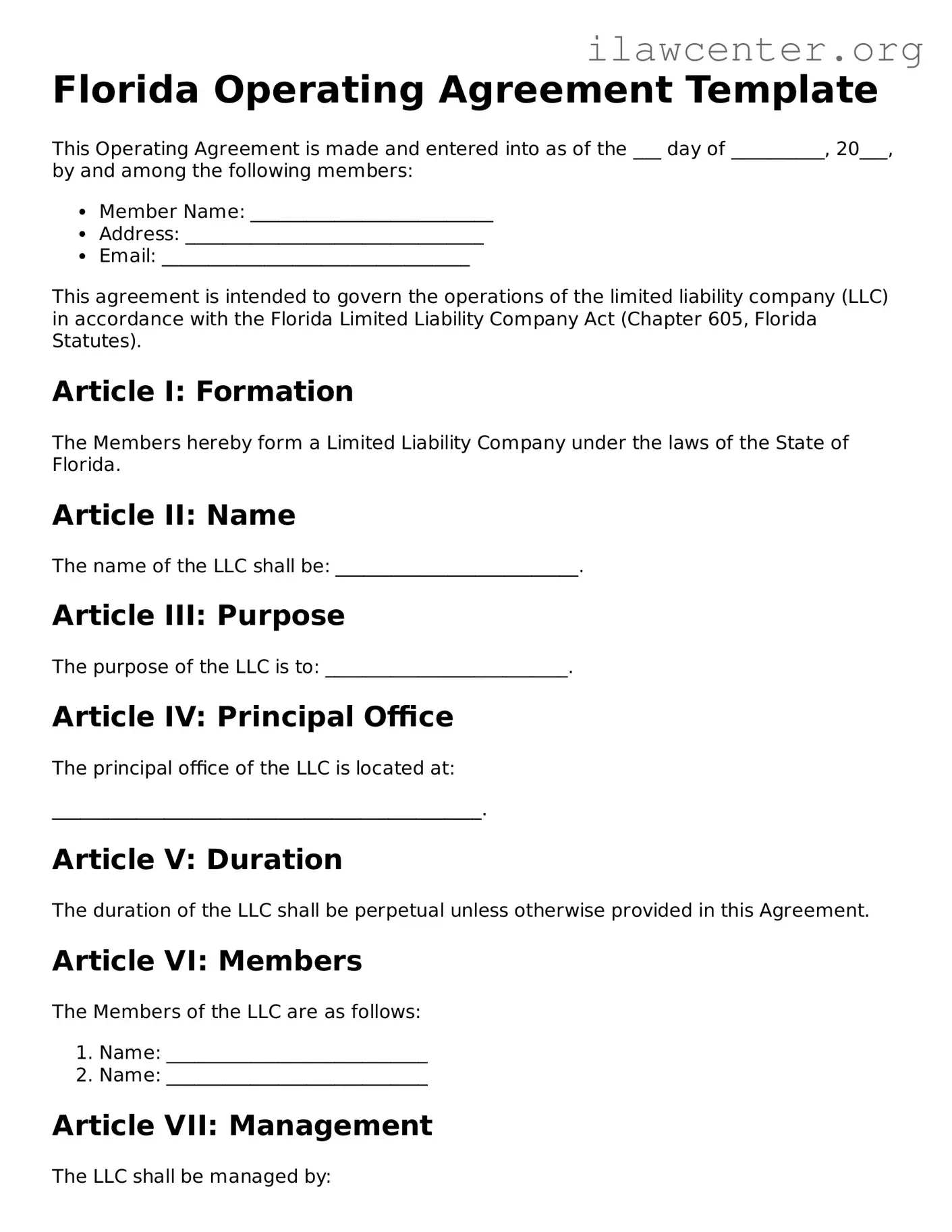 Attorney-Verified  Operating Agreement Document for Florida