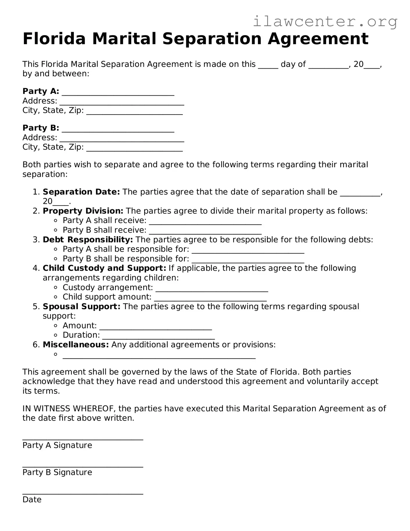 Attorney-Verified  Marital Separation Agreement Document for Florida