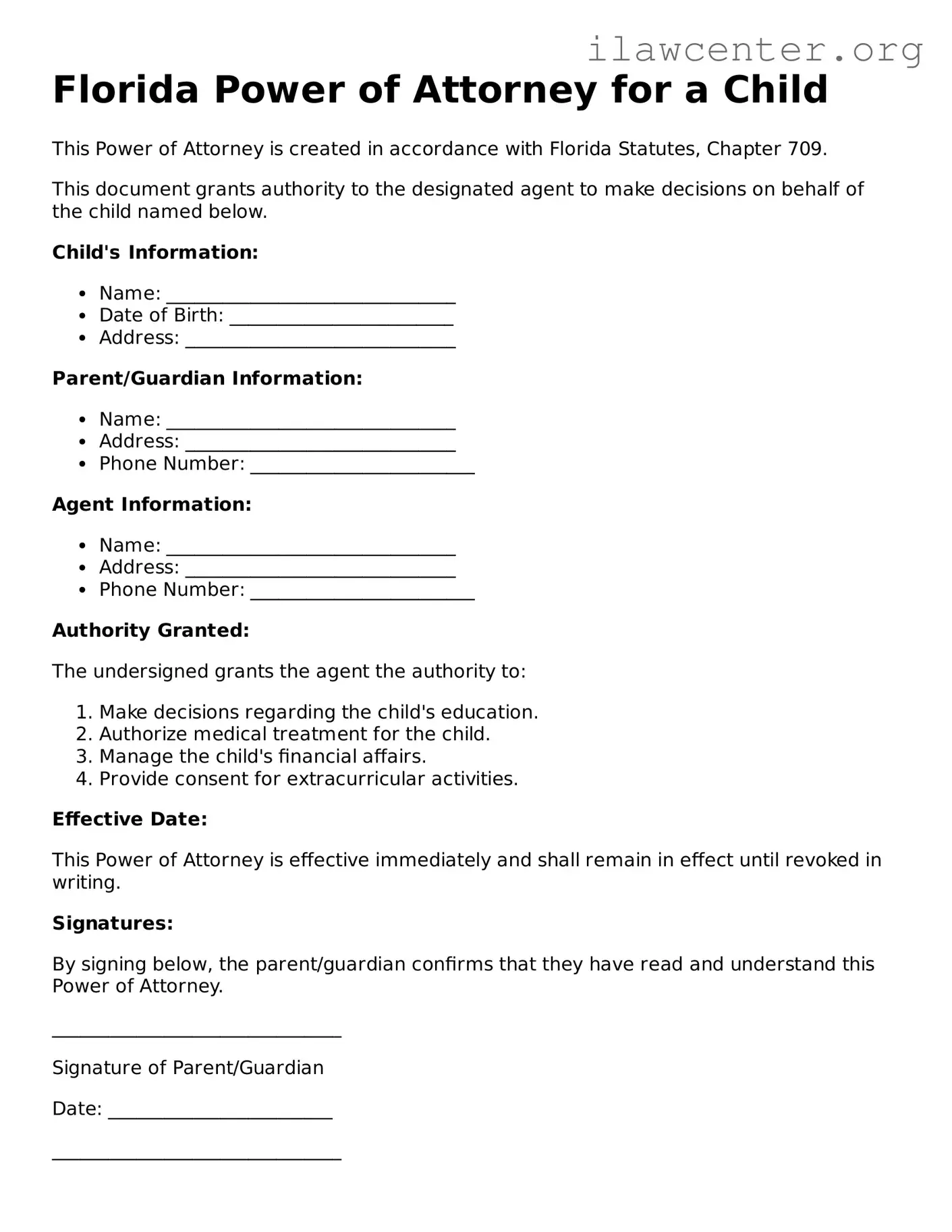 Attorney-Verified  Power of Attorney for a Child Document for Florida