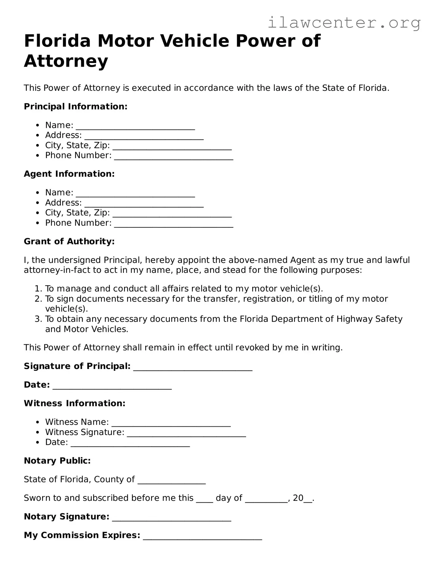 Attorney-Verified  Motor Vehicle Power of Attorney Document for Florida