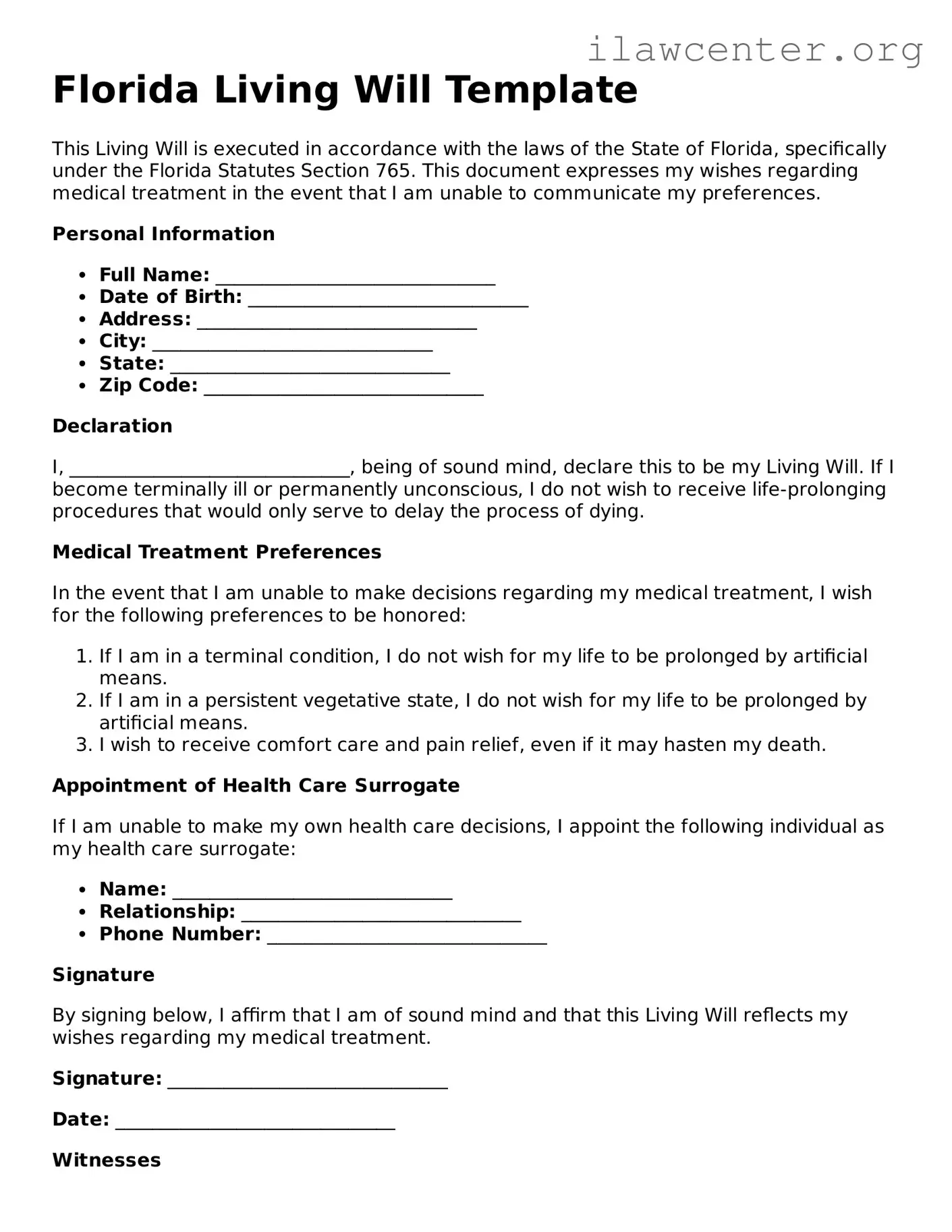 Attorney-Verified  Living Will Document for Florida