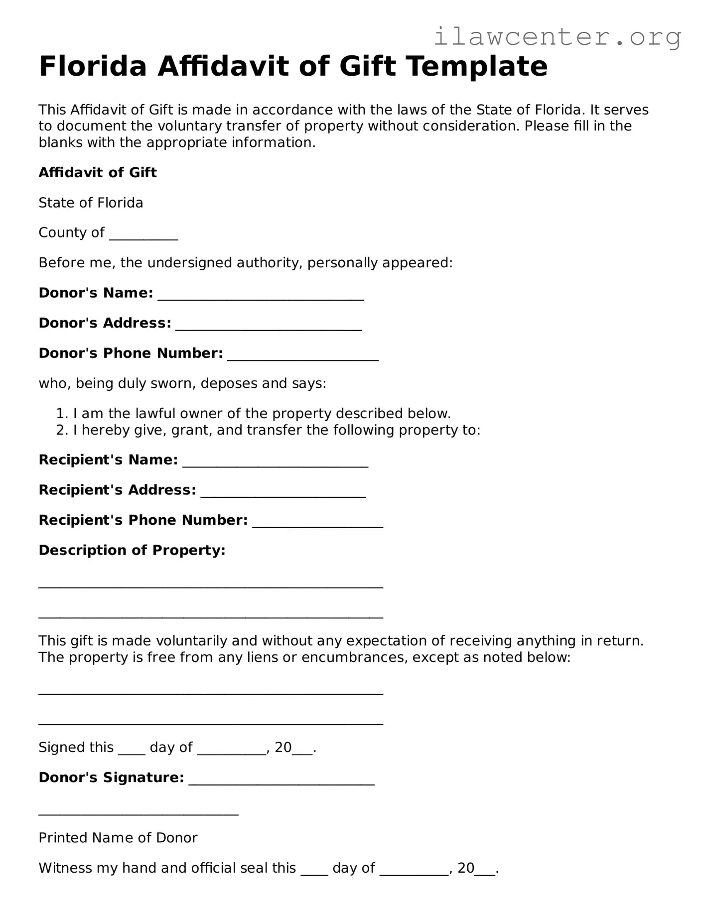 Attorney-Verified  Affidavit of Gift Document for Florida