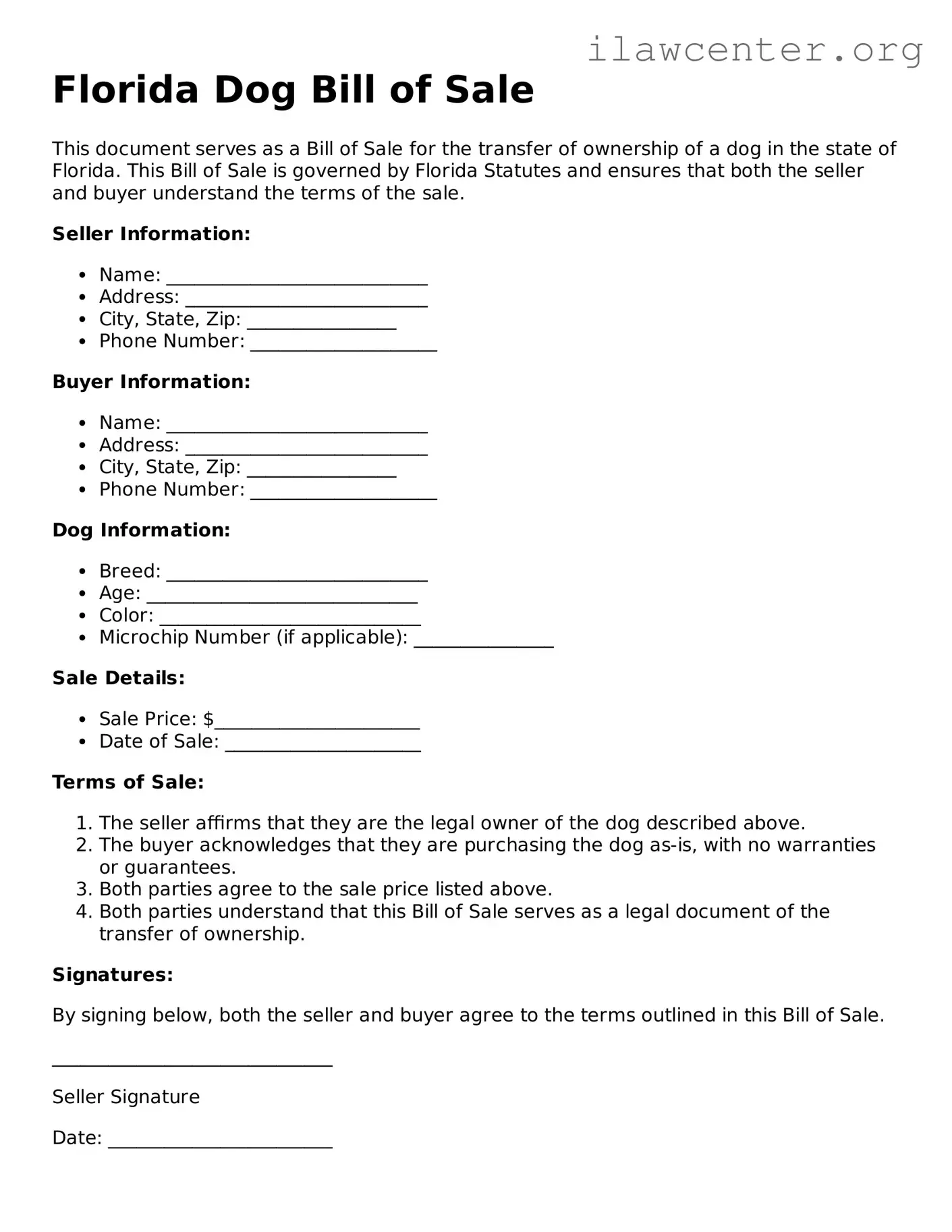 Attorney-Verified  Dog Bill of Sale Document for Florida