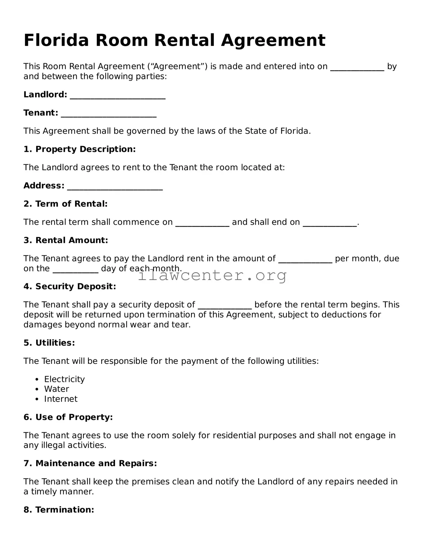 Attorney-Verified  Room Rental Agreement Document for Florida