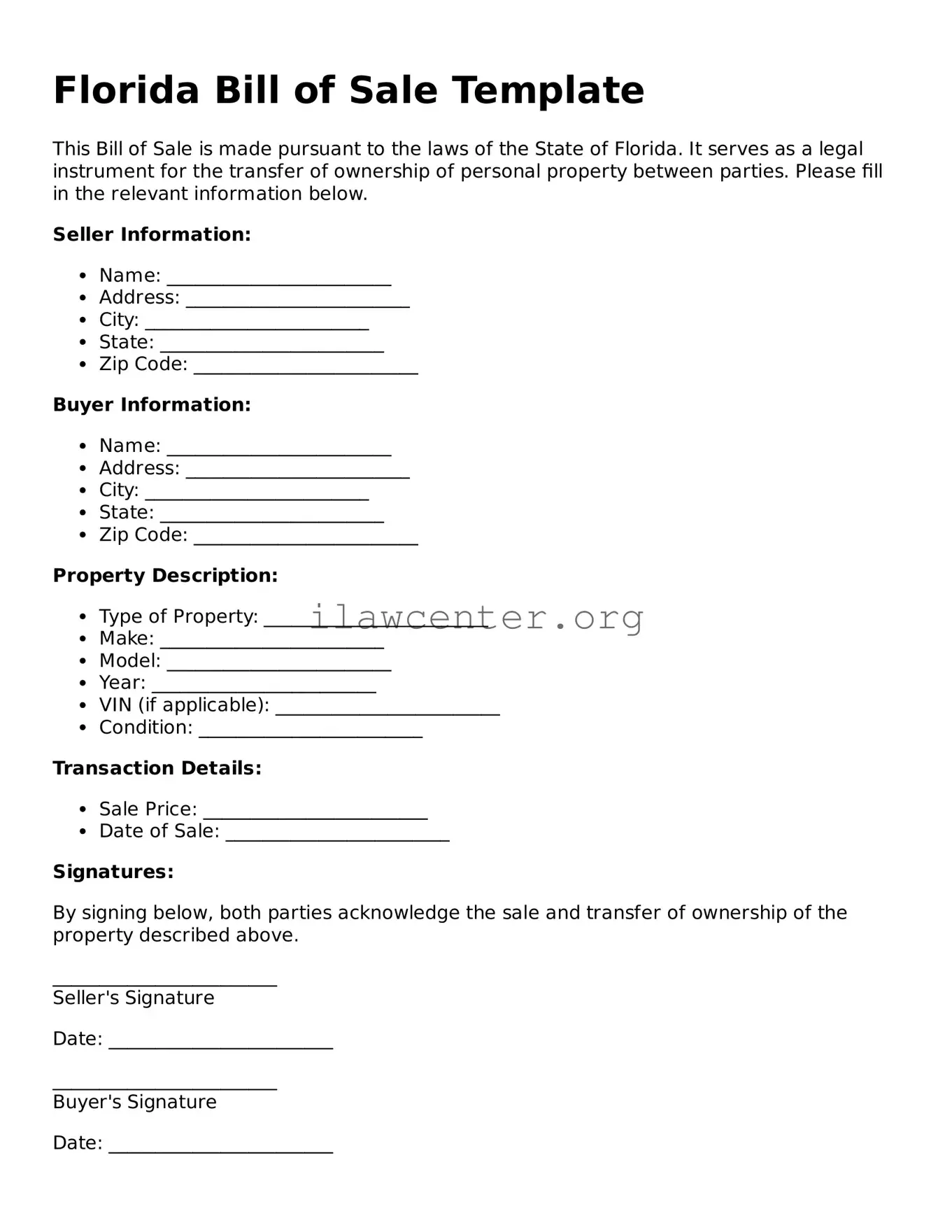 Attorney-Verified  Bill of Sale Document for Florida